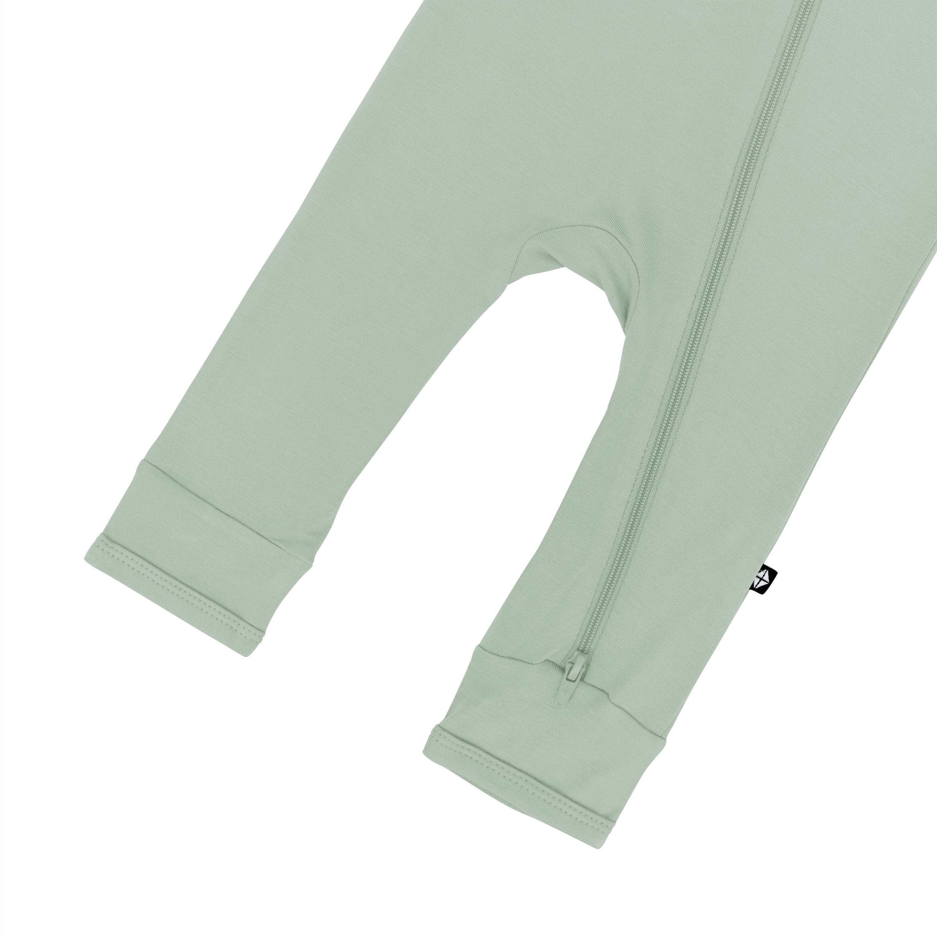 Bottom Zipper shown on the leg of the Zippered Romper in Thyme