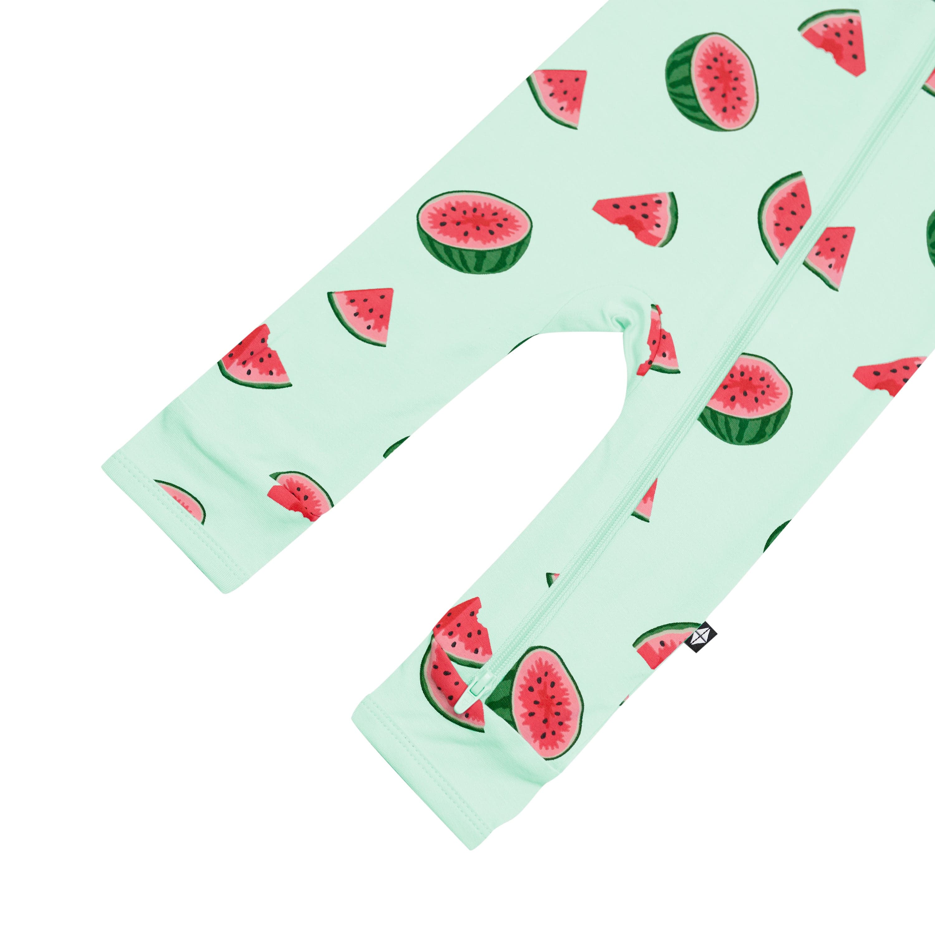 Open feet on Kyte Baby Zippered Romper in Watermelon