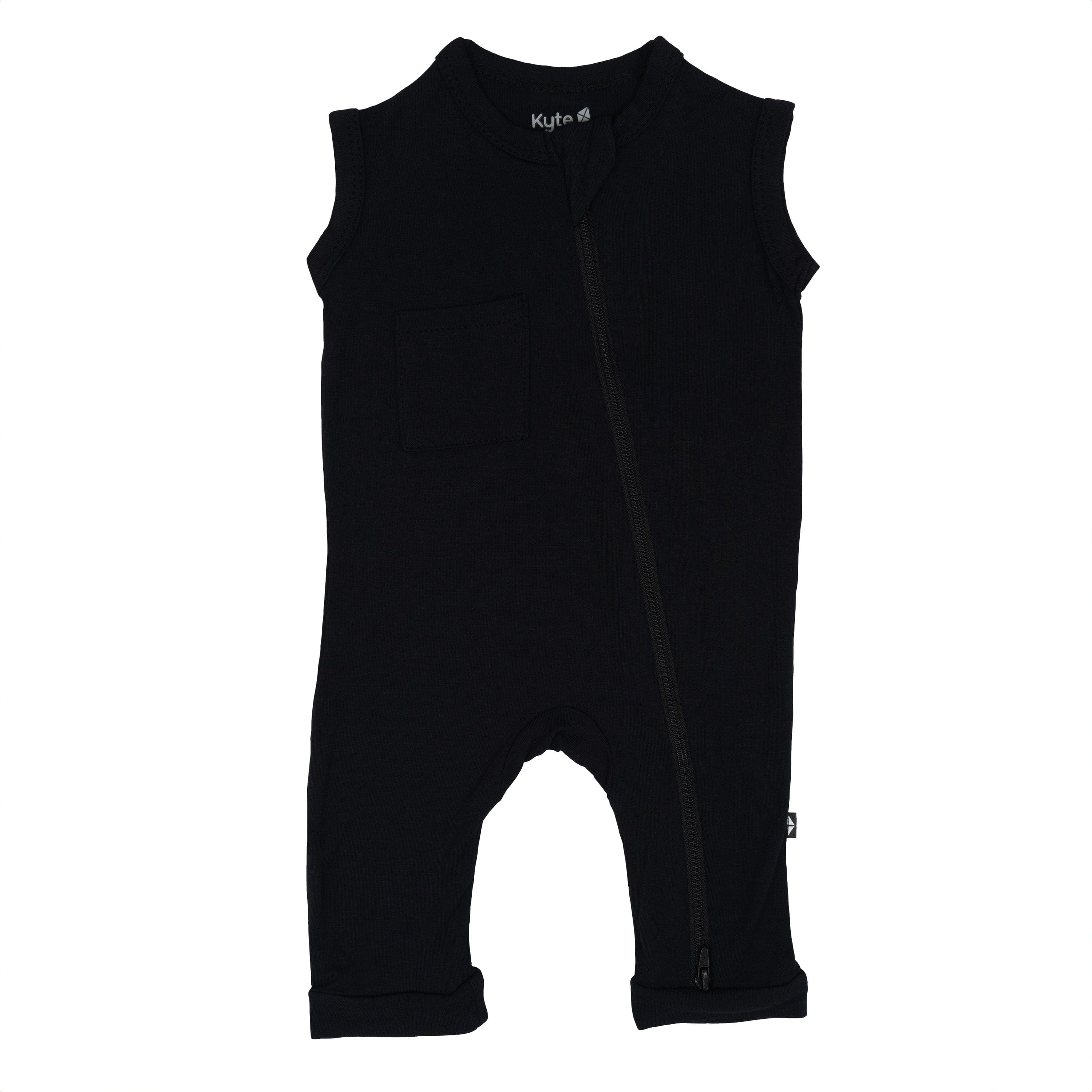 Flat lay of Kyte Baby Zippered Sleeveless Romper in Midnight