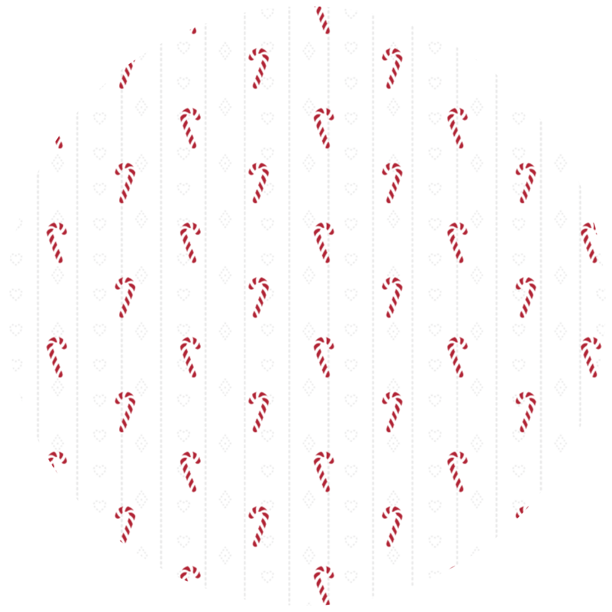 A repeating pattern of red-and-white candy canes with faint white heart shapes and dotted vertical lines on a white background.