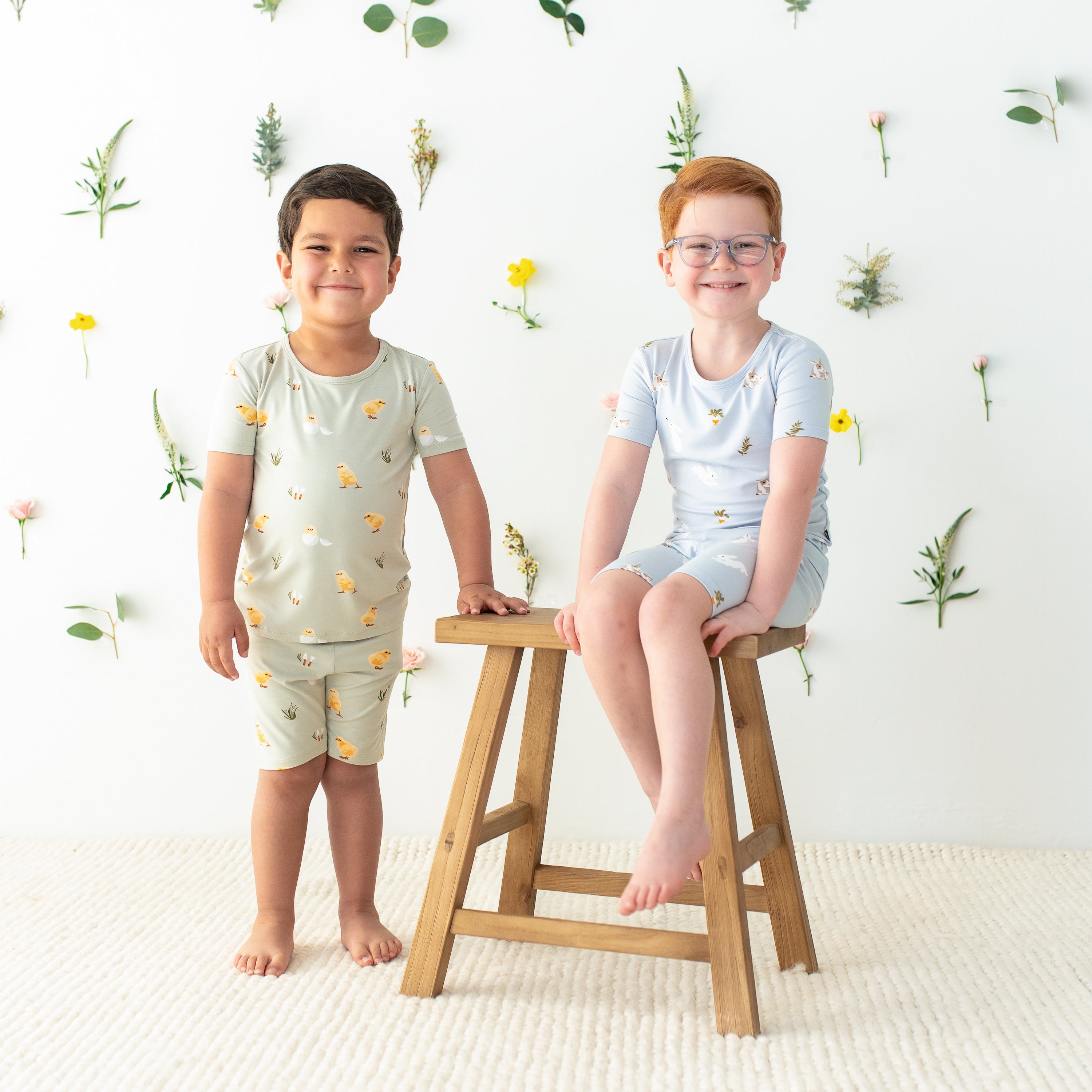 Children wearing Short Sleeve Kids Easter Pajamas in Aloe Chick and Ice Rabbit