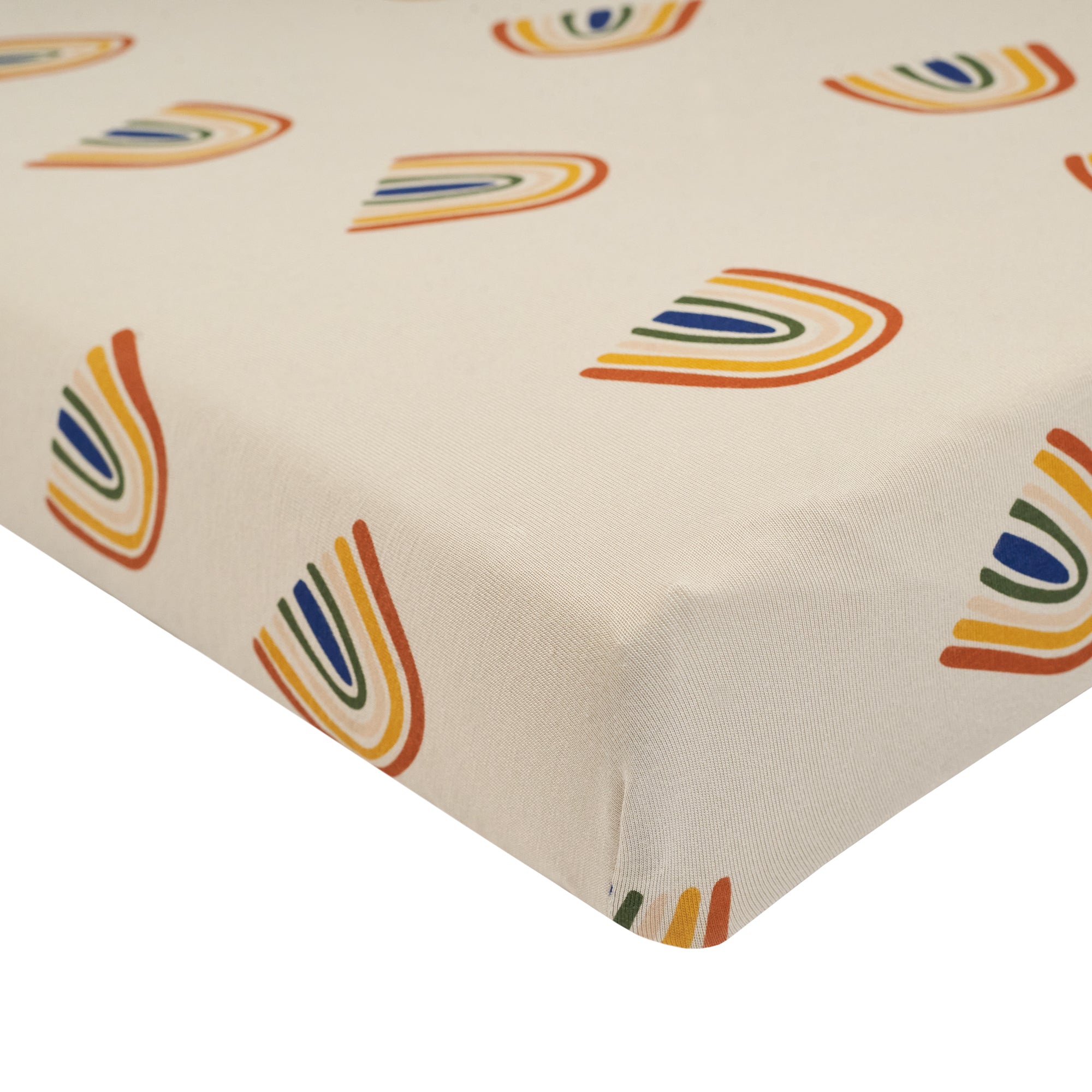Corner of Crib Sheet in Rust Rainbow on Oat