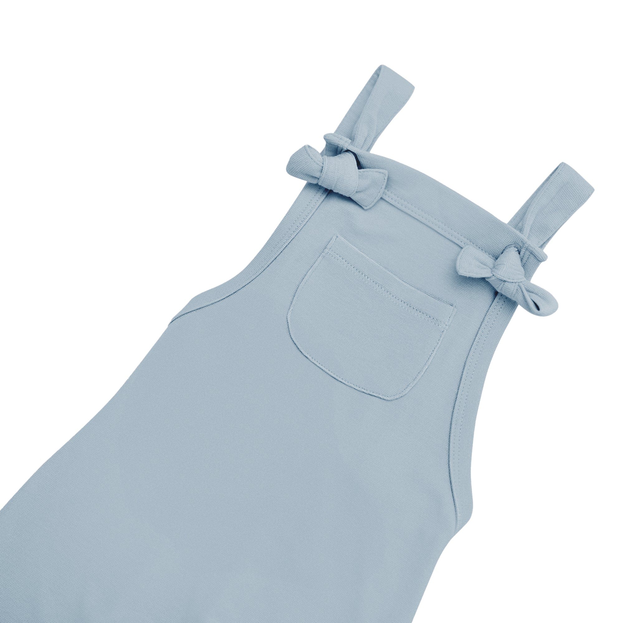 Self-tie knots on Kyte Baby Bamboo Jersey Overall in Fog