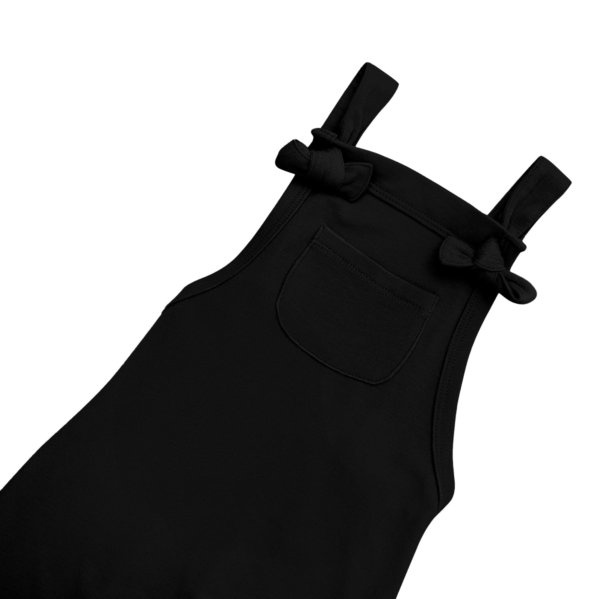 Self-tie knots and chest pocket on Kyte Baby Bamboo Jersey Overall in Midnight