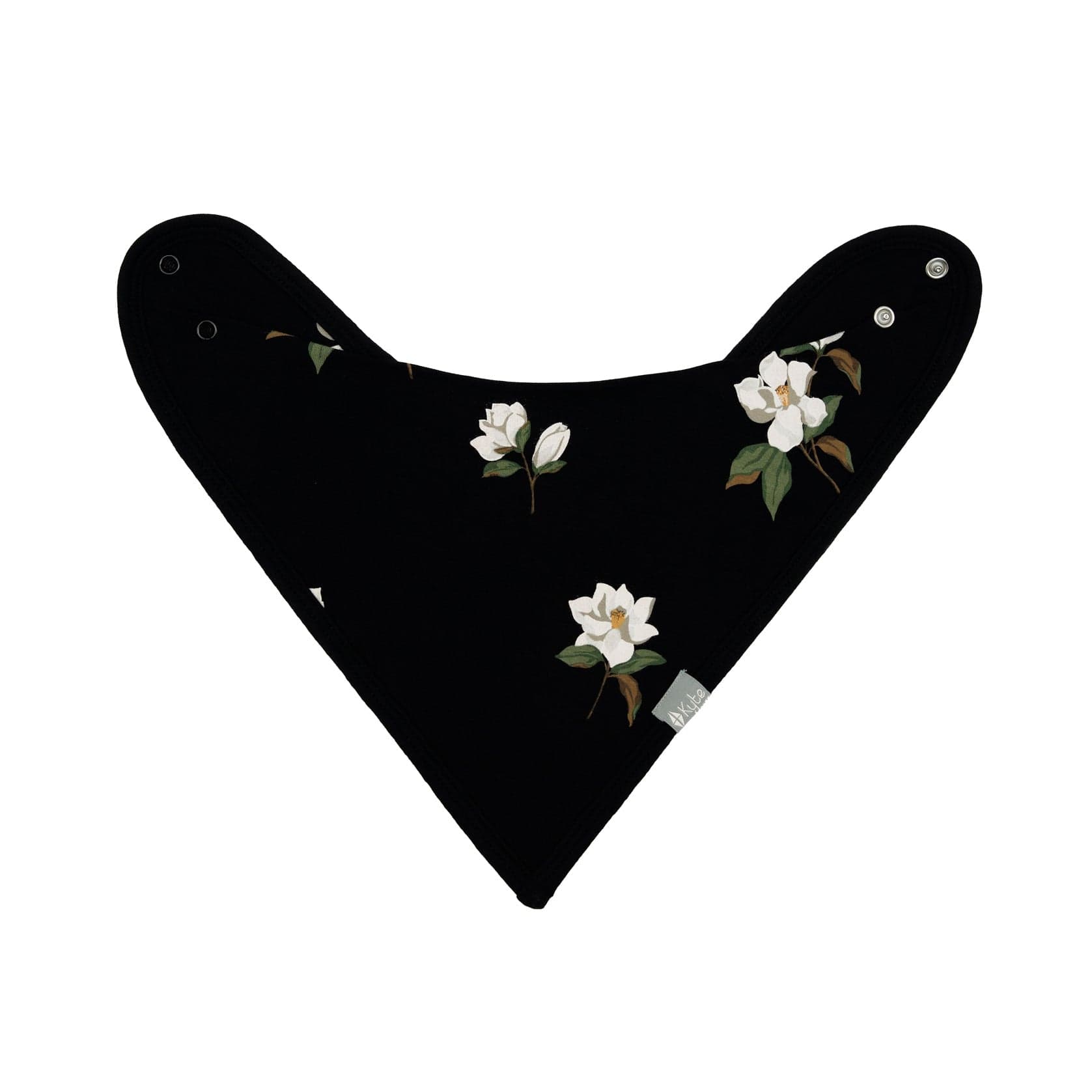 Adjustable snaps on Kyte Baby Bib in Big Midnight Magnolia
