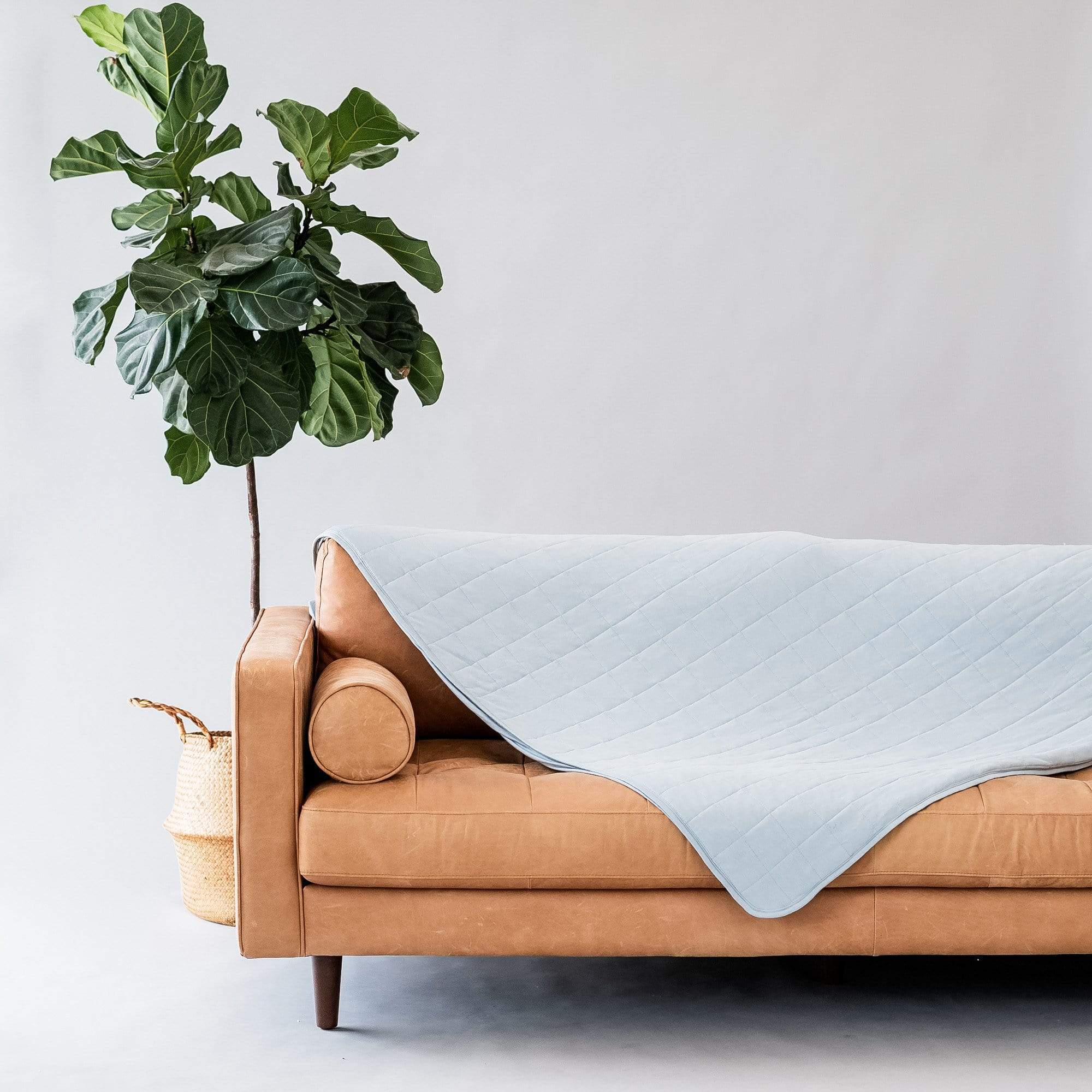 Couch with Kyte Baby Adult Quilted bamboo Blanket in Fog