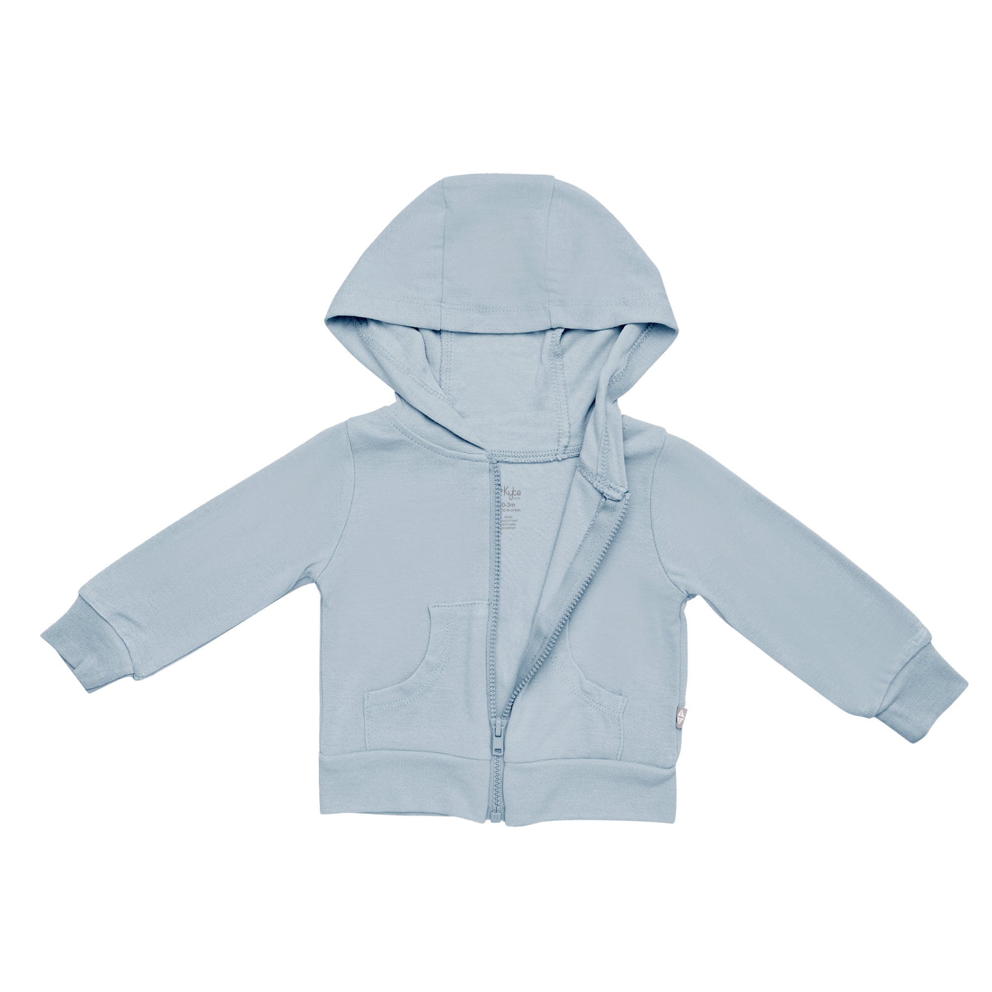 Zipper on Kyte Baby Bamboo Jersey Hooded Jacket in Fog
