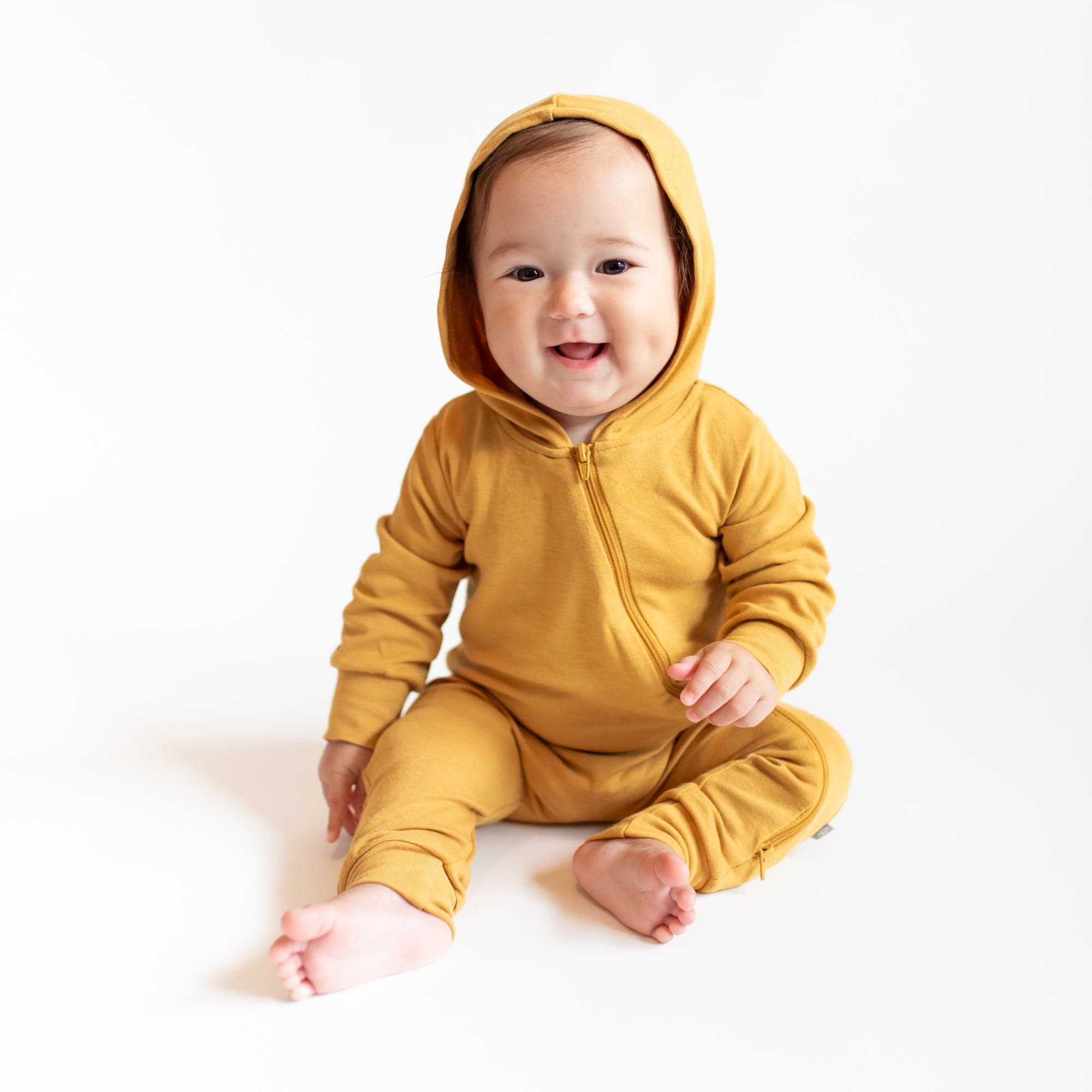 Bamboo Jersey Hooded Zippered Romper in Marigold