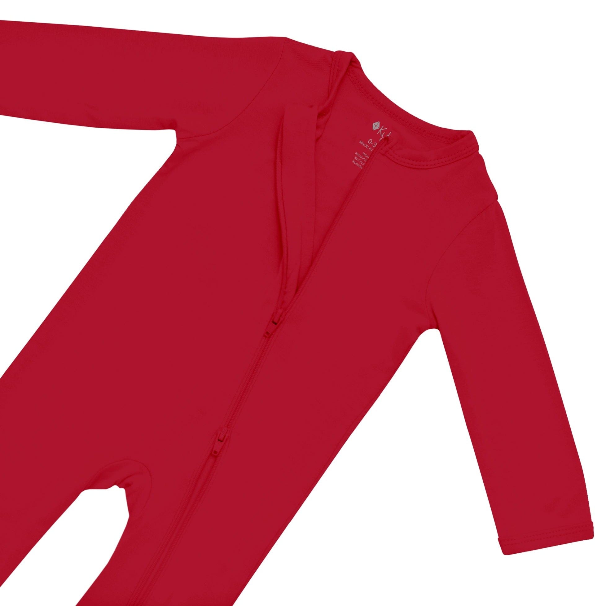Double zipper on Kyte Baby Zippered Romper pajamas in Cardinal red