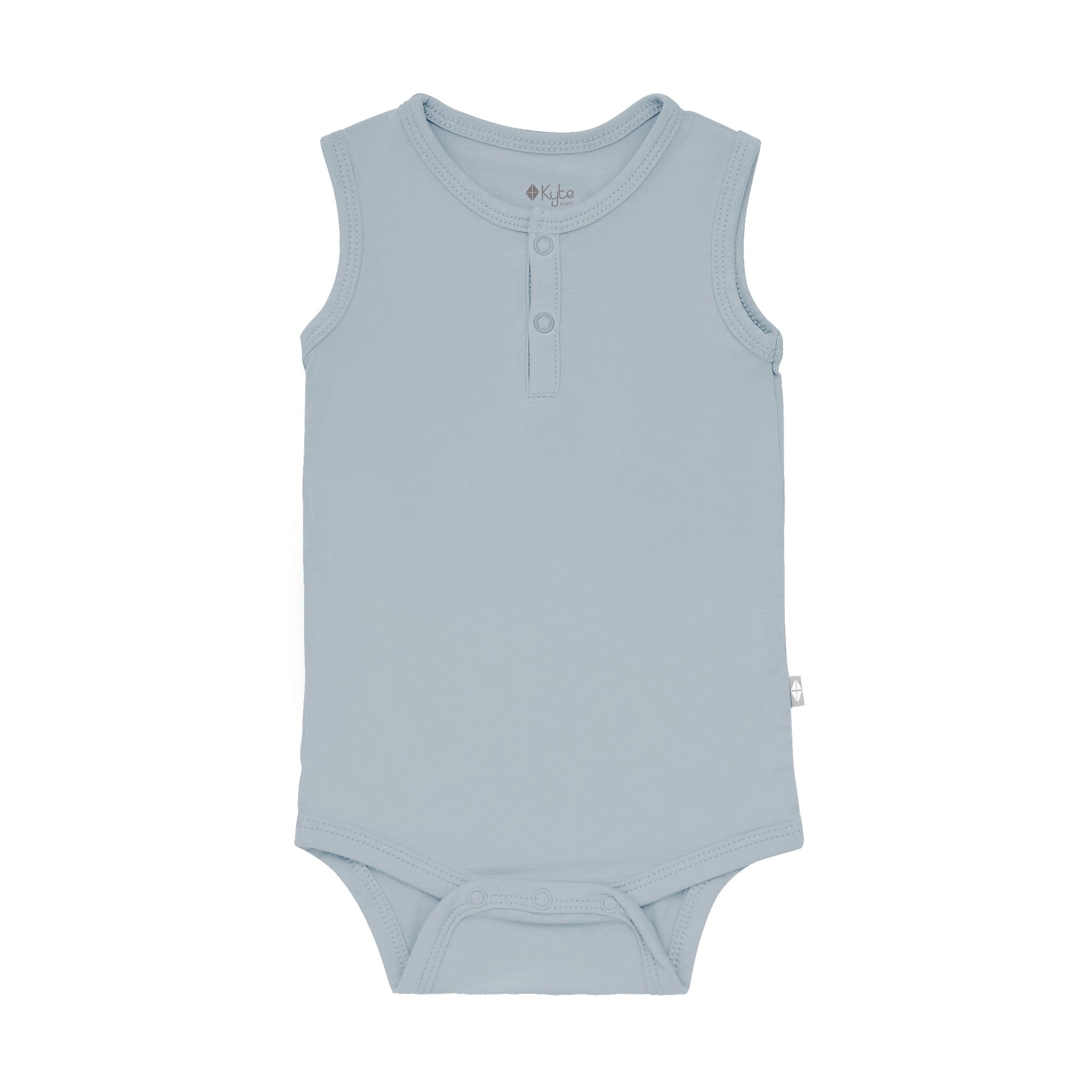 Flat lay of Kyte Baby Sleeveless Bodysuit in Fog