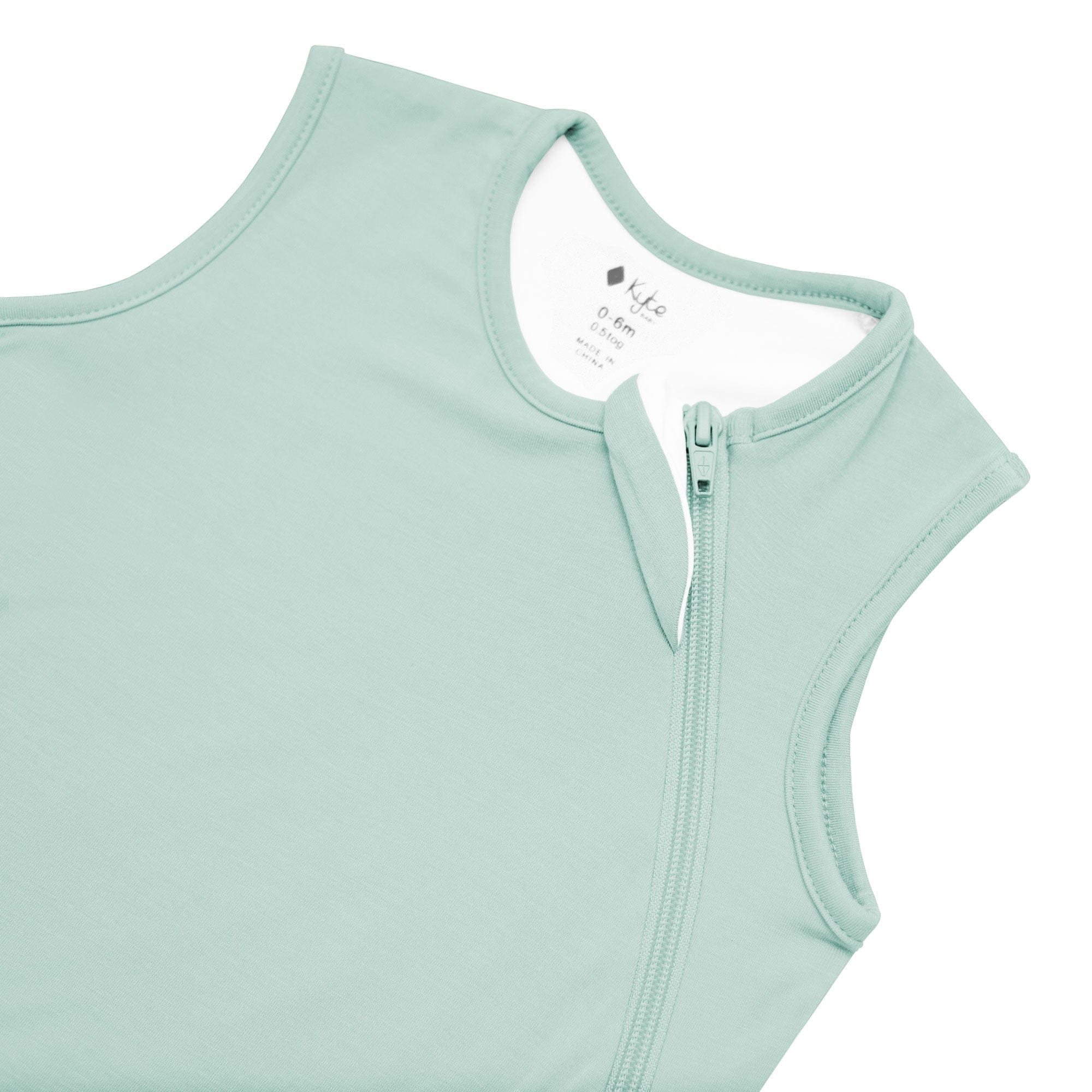 Close up of zipper garage on Kyte Baby Sleep Bag in Sage 0.5 TOG