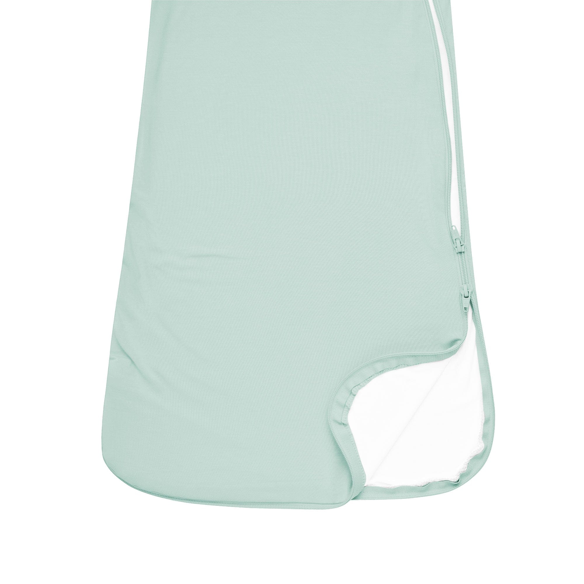 Close up of unzipped double zipper on Kyte Baby Sleep Bag in Sage 0.5 TOG