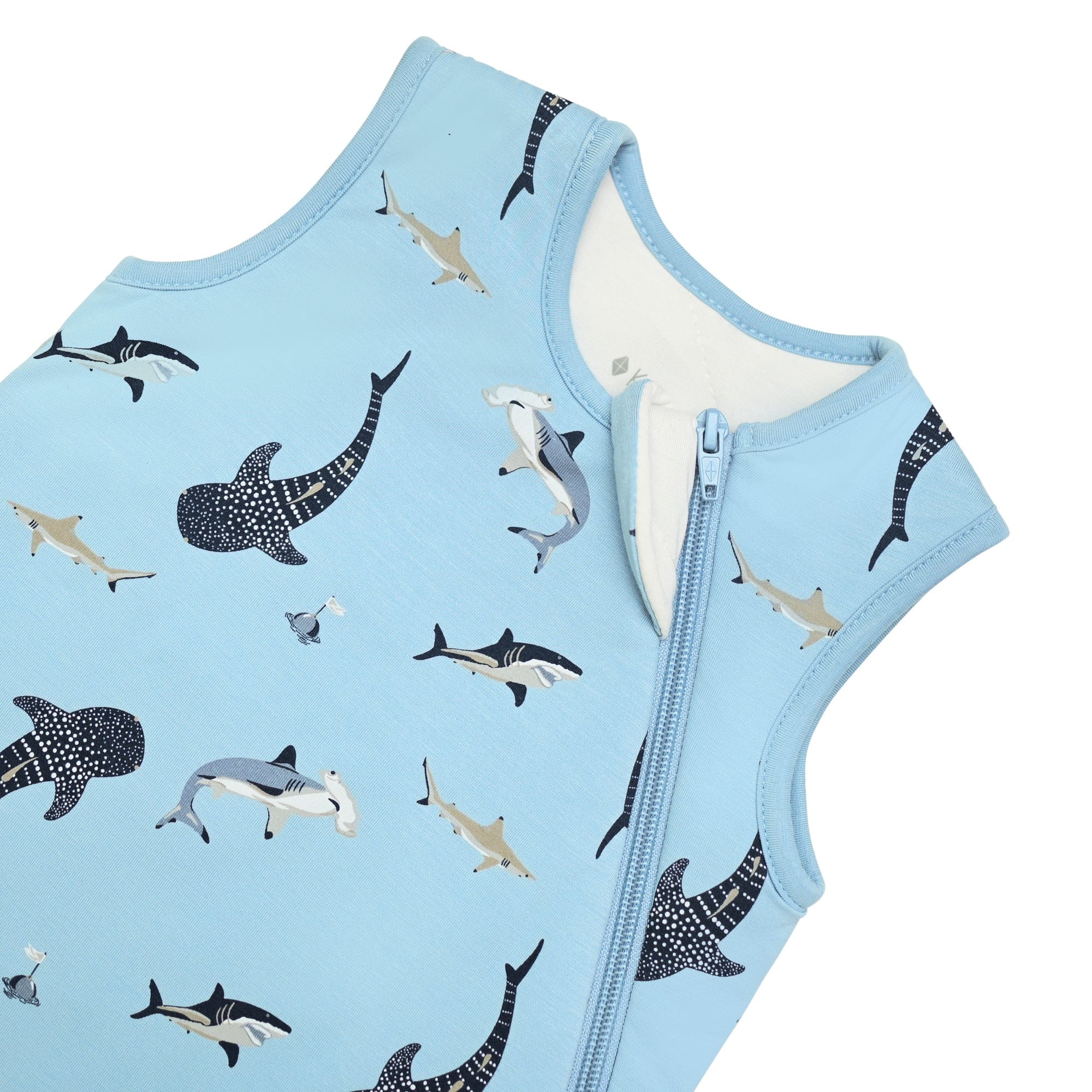 Zipper garage on Kyte Baby Sleep Bag in Stream Shark 1.0
