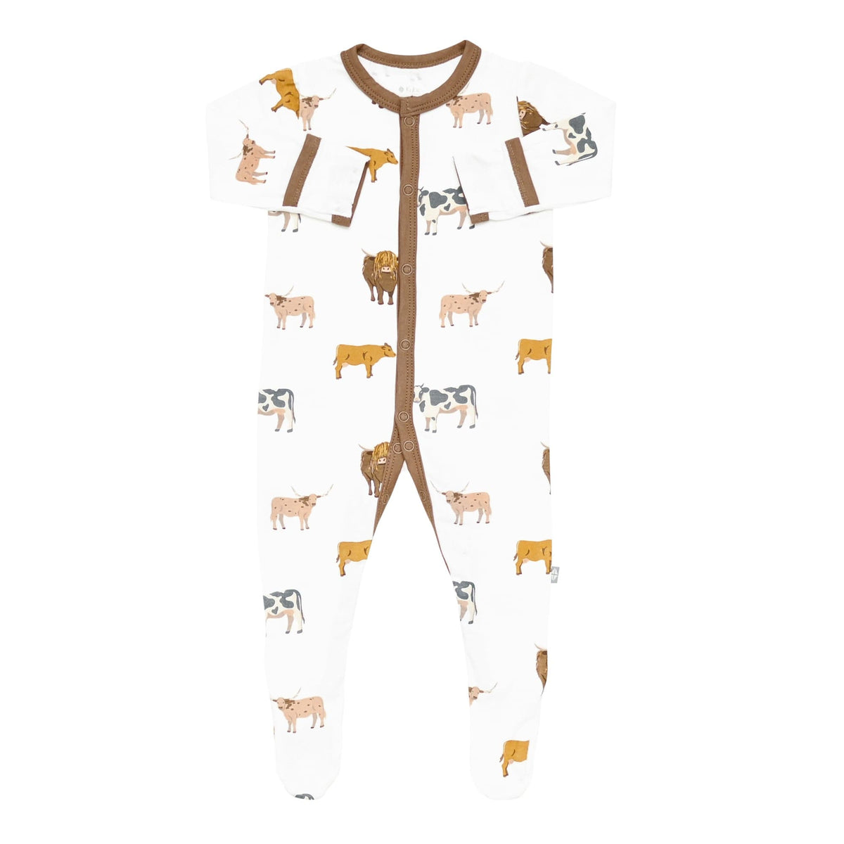 Foldover cuffs on Kyte Baby snap Footie in Moo