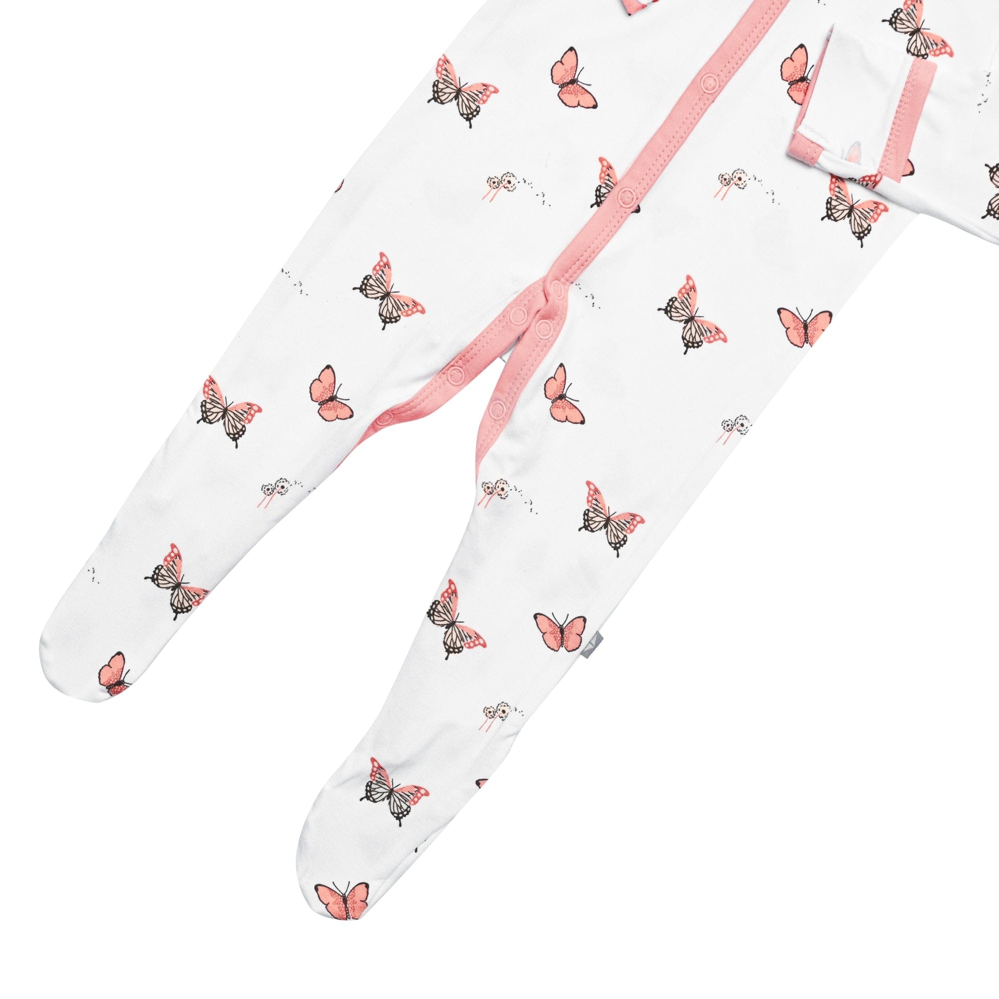 Sole grips on Kyte Baby Snap Footie pajamas in Butterfly