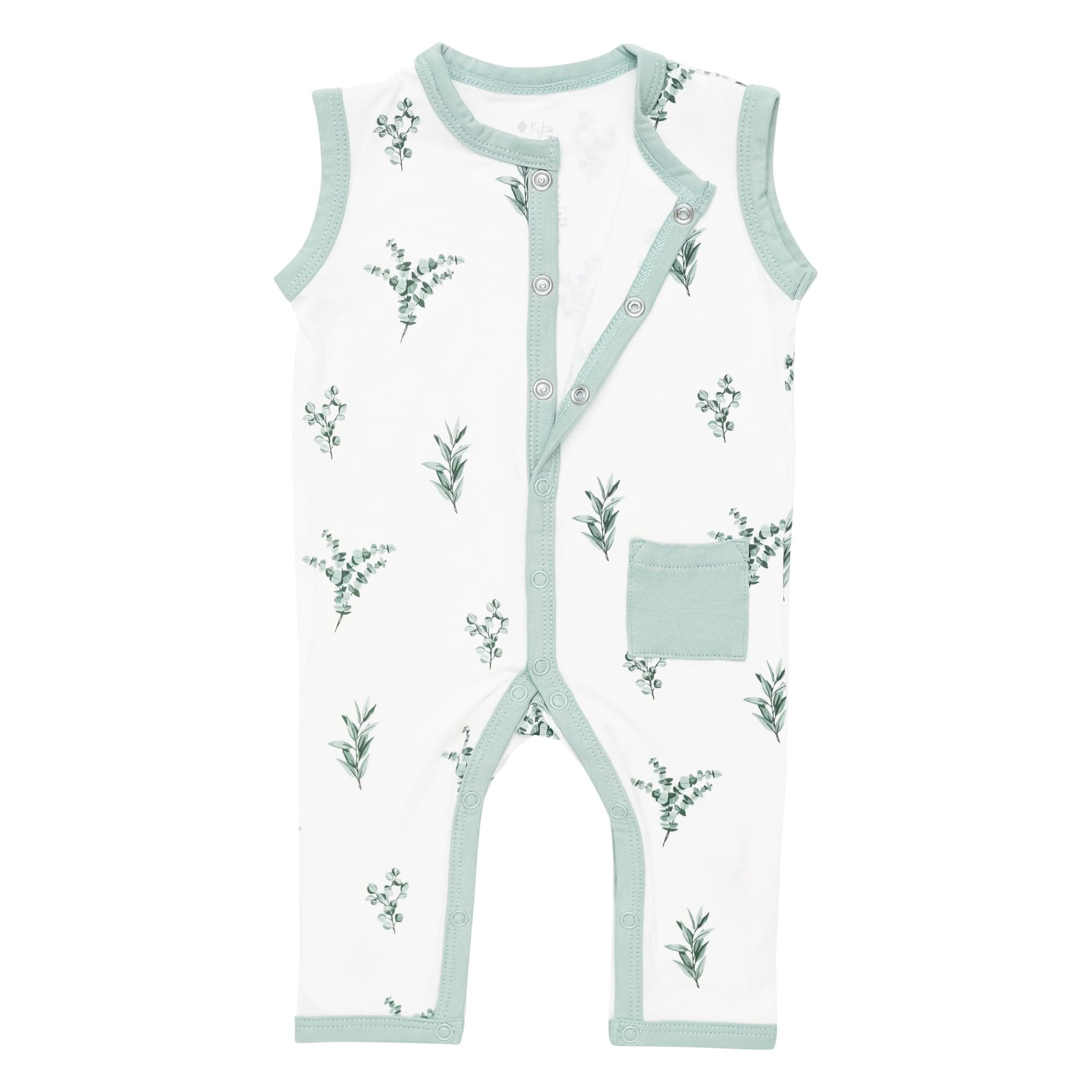 Snap closure on Kyte Baby Sleeveless Romper in Eucalyptus