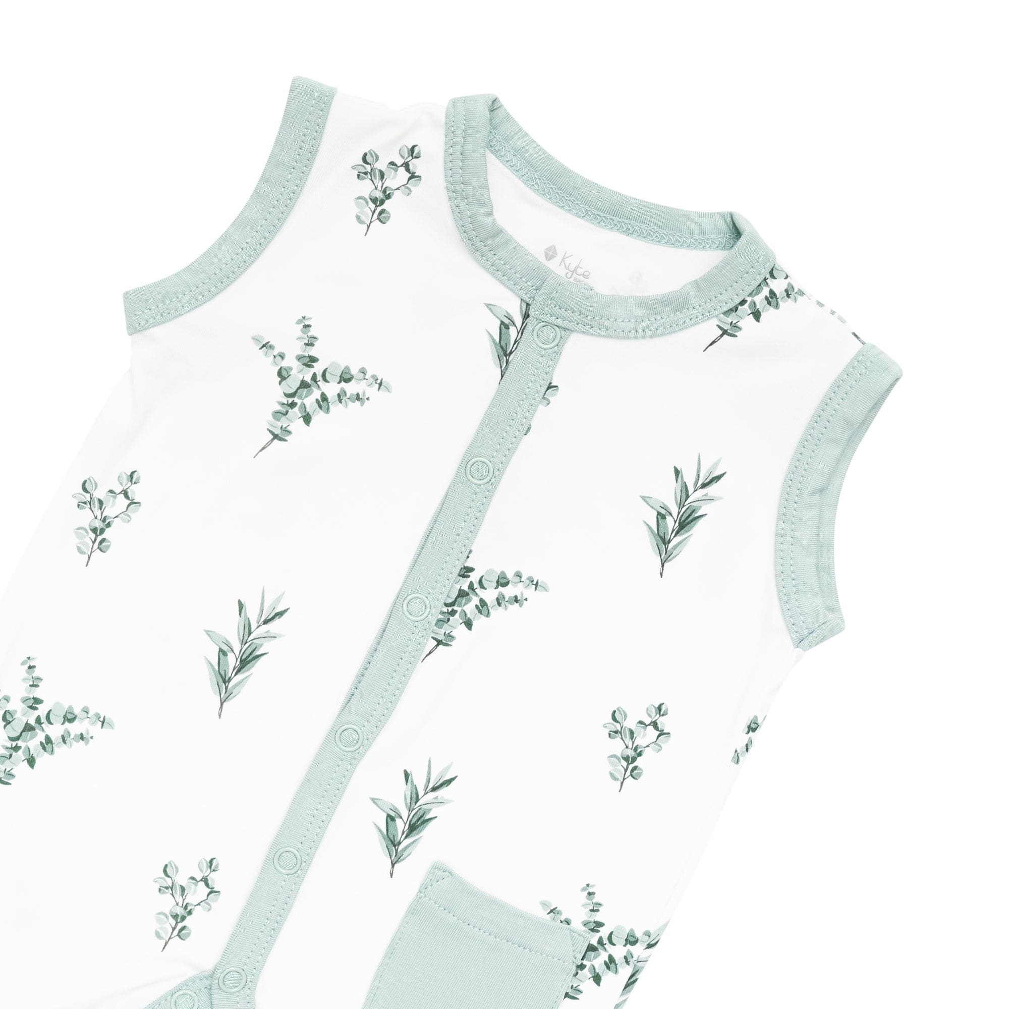 Kyte Baby Sleeveless Romper in Eucalyptus pattern with pocket
