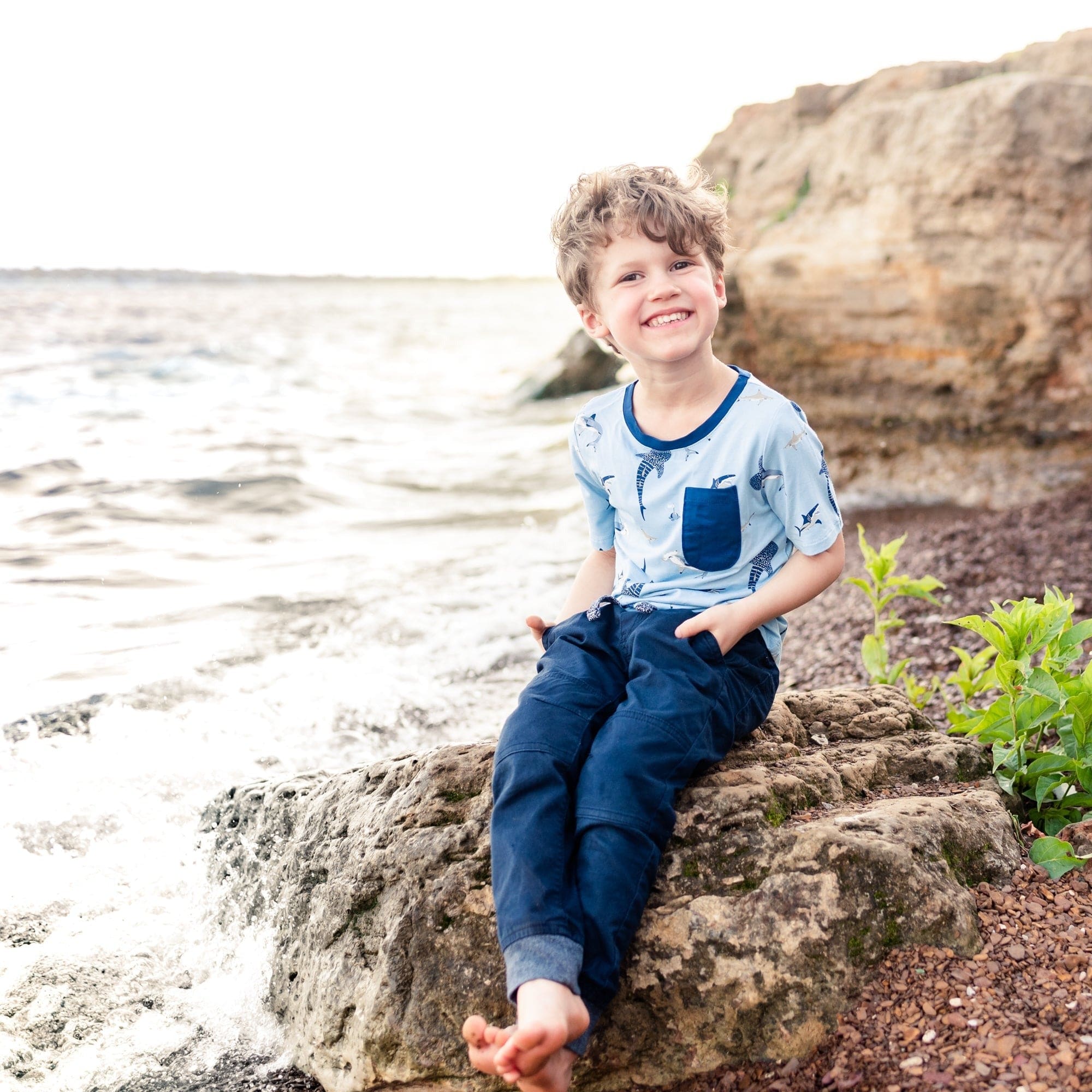 Boy wearing Kyte Baby Toddler Crew Neck Tee in Stream Shark