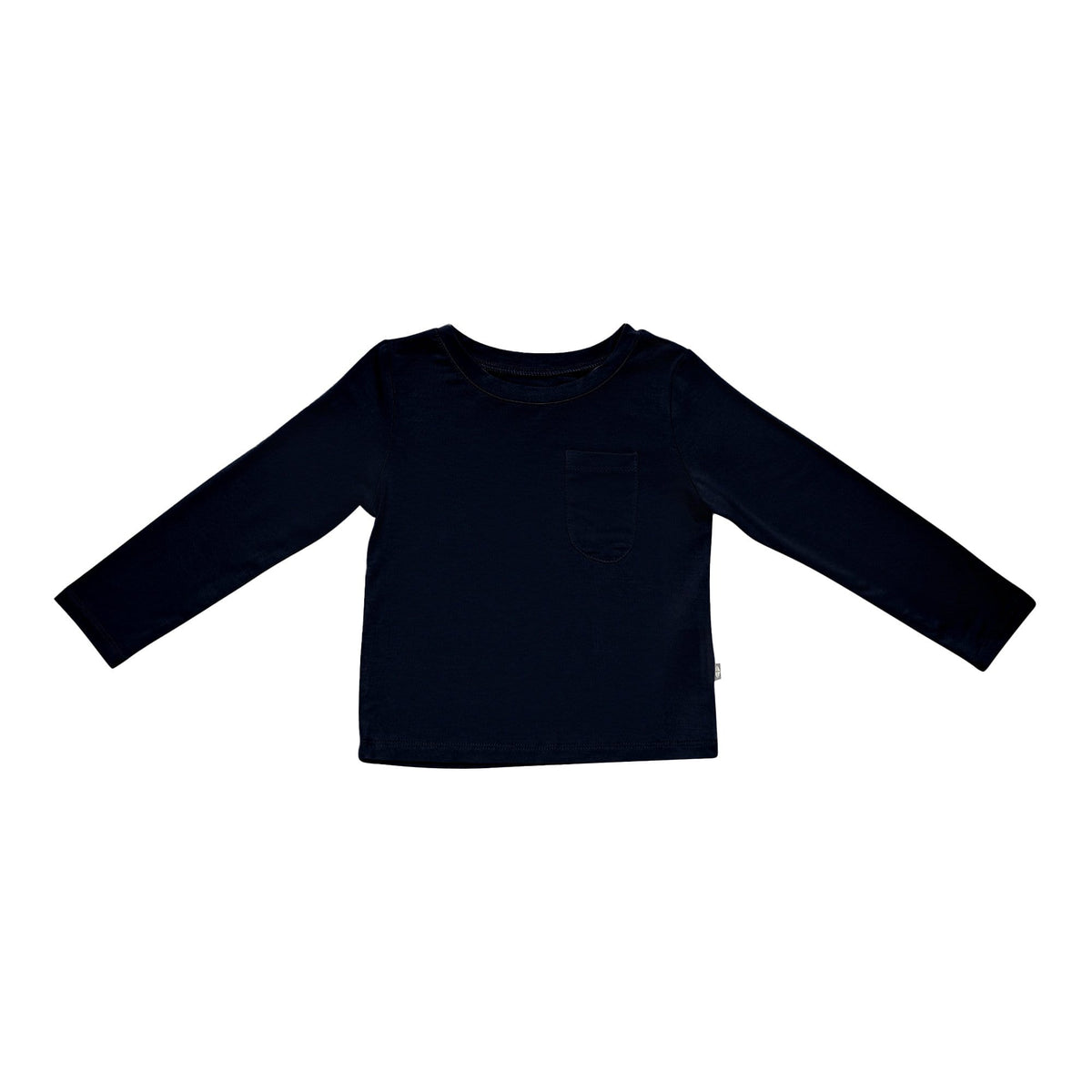 Flat lay of Kyte Baby Long Sleeve Toddler Crew Neck Tee in Midnight black