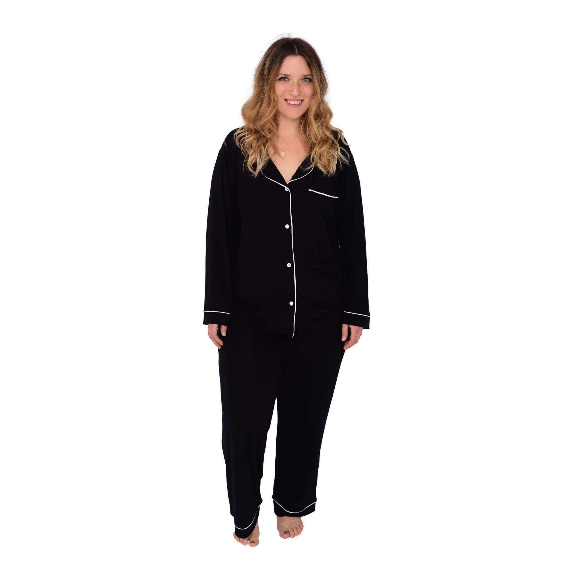 Women's Long Sleeve Pajama Set in Snow with Midnight Trim