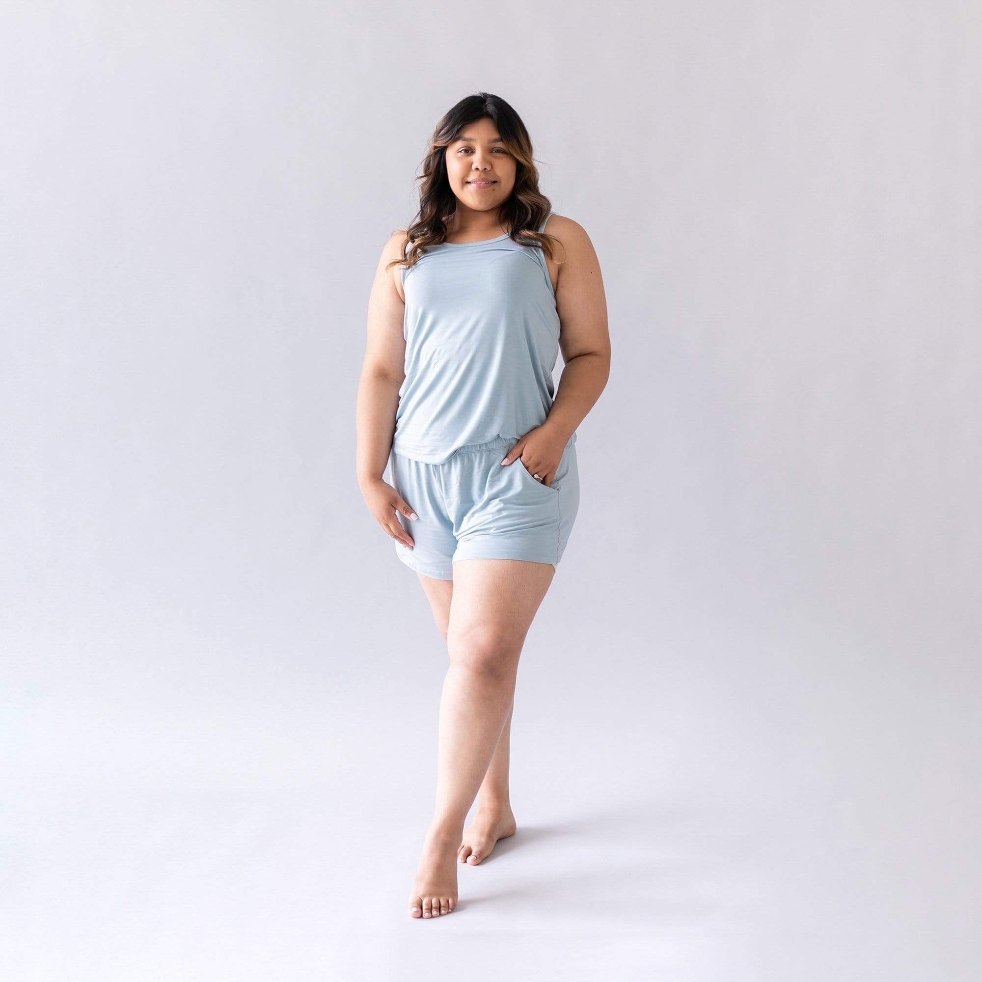 Woman wearing Kyte Baby scoop neck Women's Tank Set in Fog