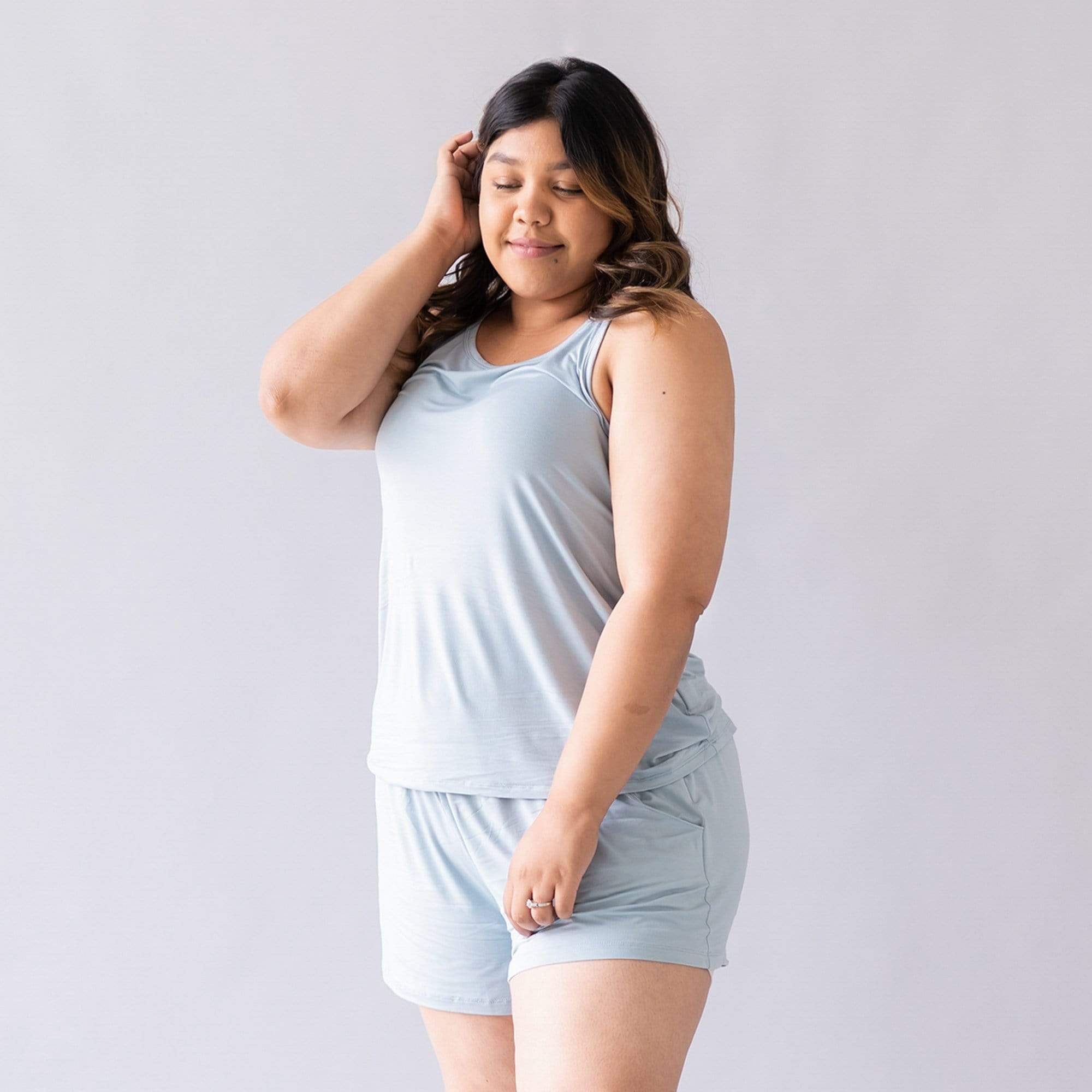 Woman wearing Kyte Baby Women's Tank and Shorts set in Fog
