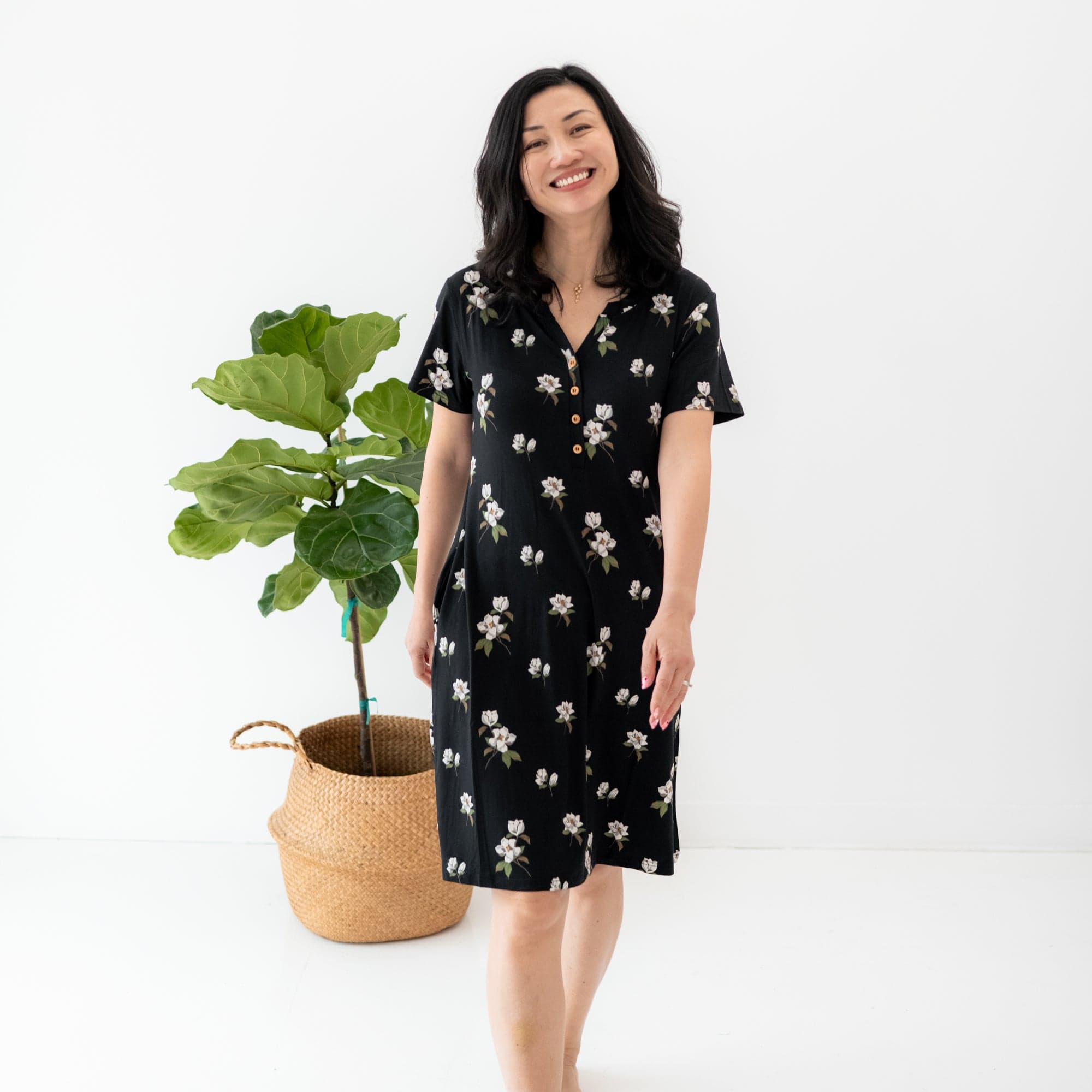 Woman wearing Midi Lounge Dress in Big Midnight Magnolia