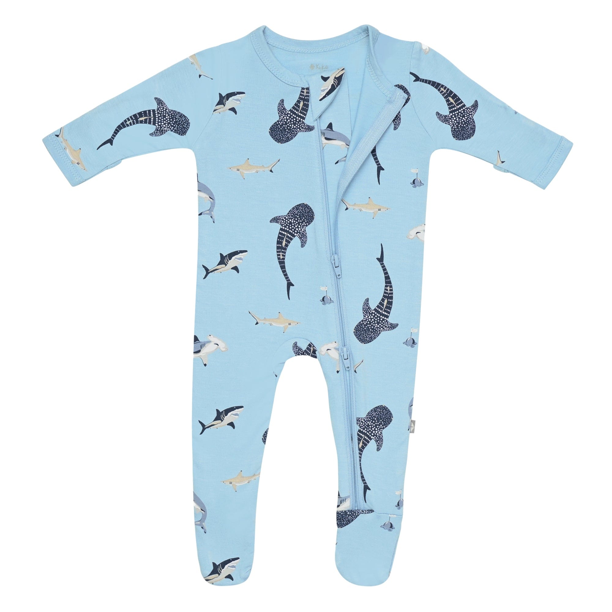 Double zipper on Kyte Baby Zippered Footie in Stream Shark