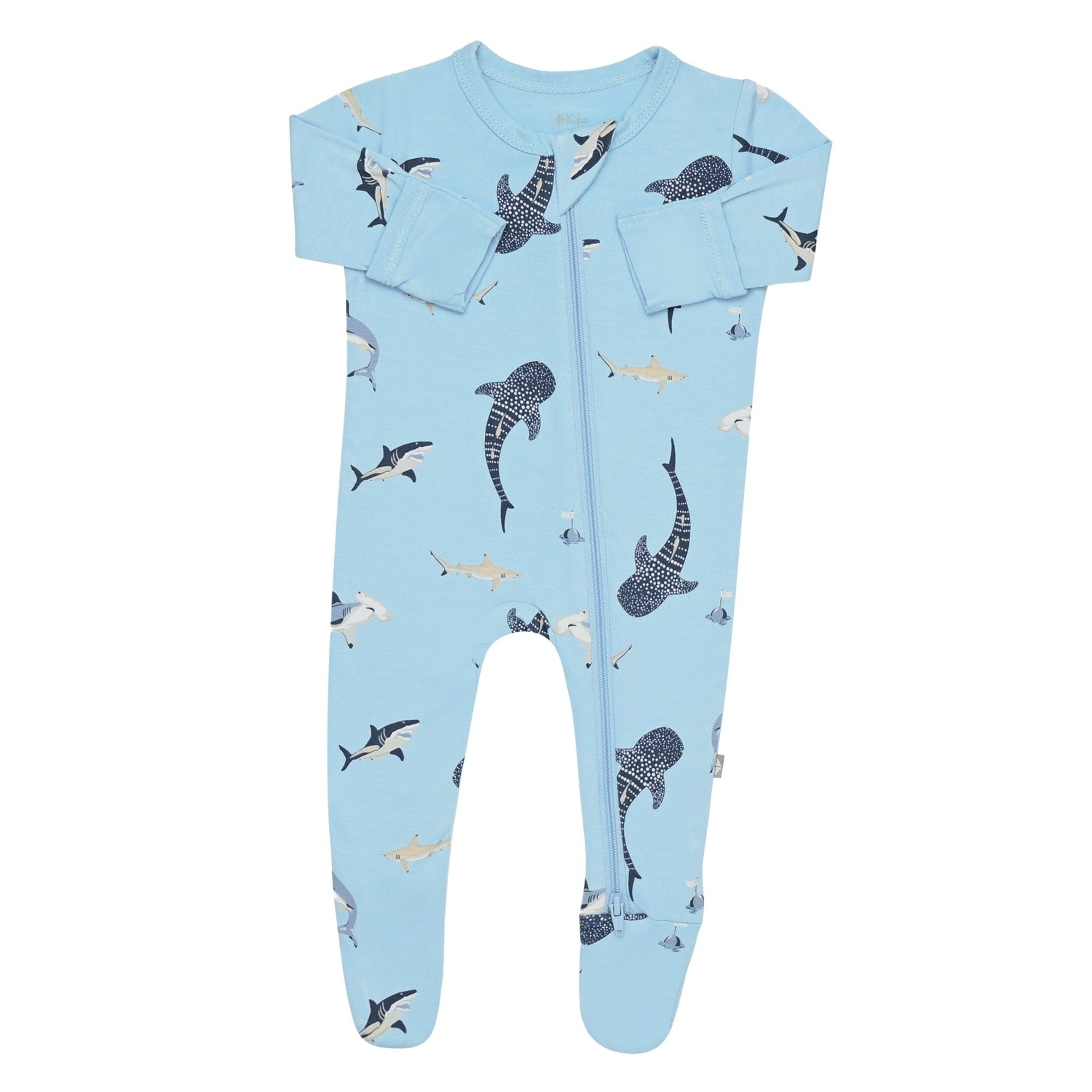 Kyte Baby Zippered Footie in Stream Shark with fold-over cuffs