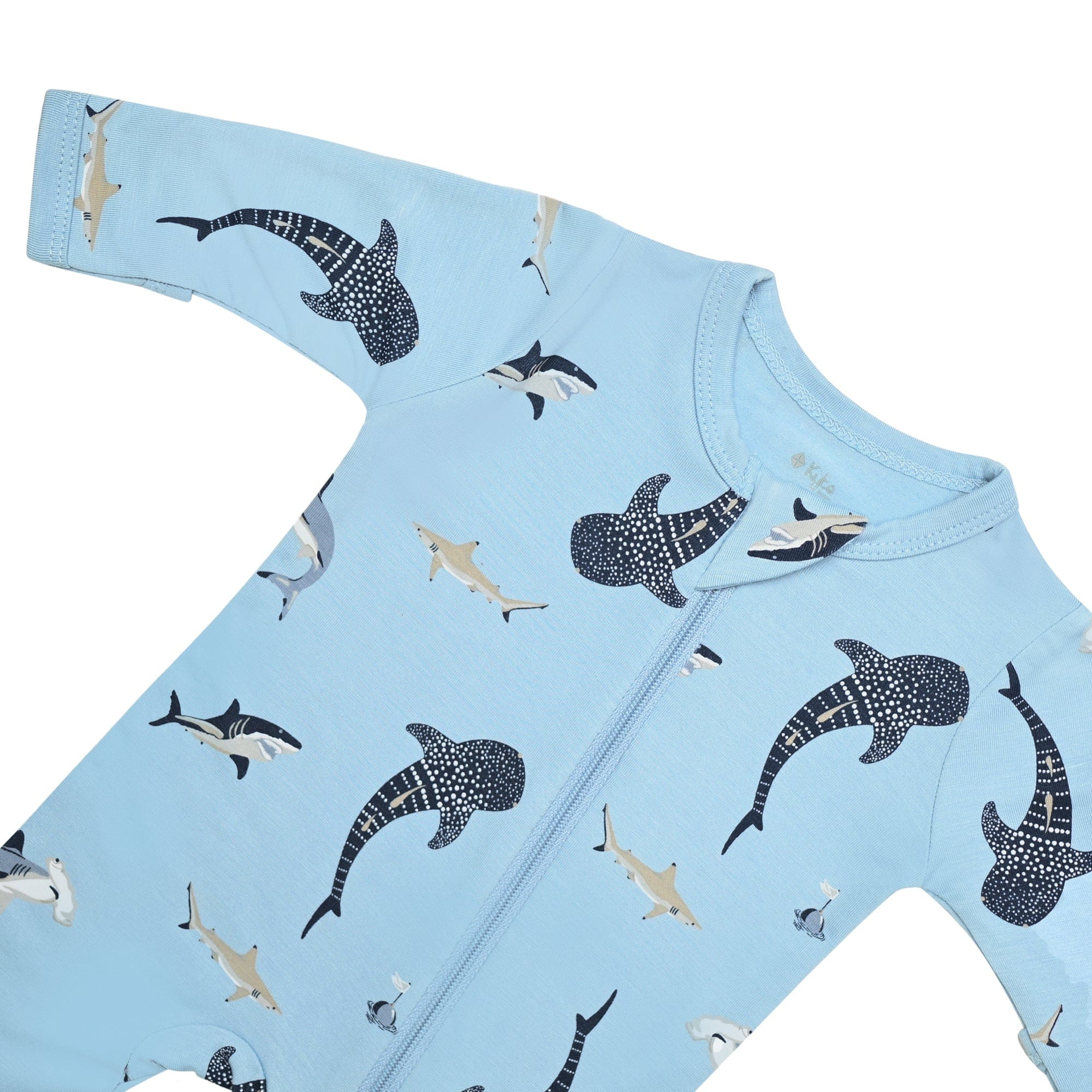 Zipper garage on Kyte Baby Zippered Footie in Stream Shark