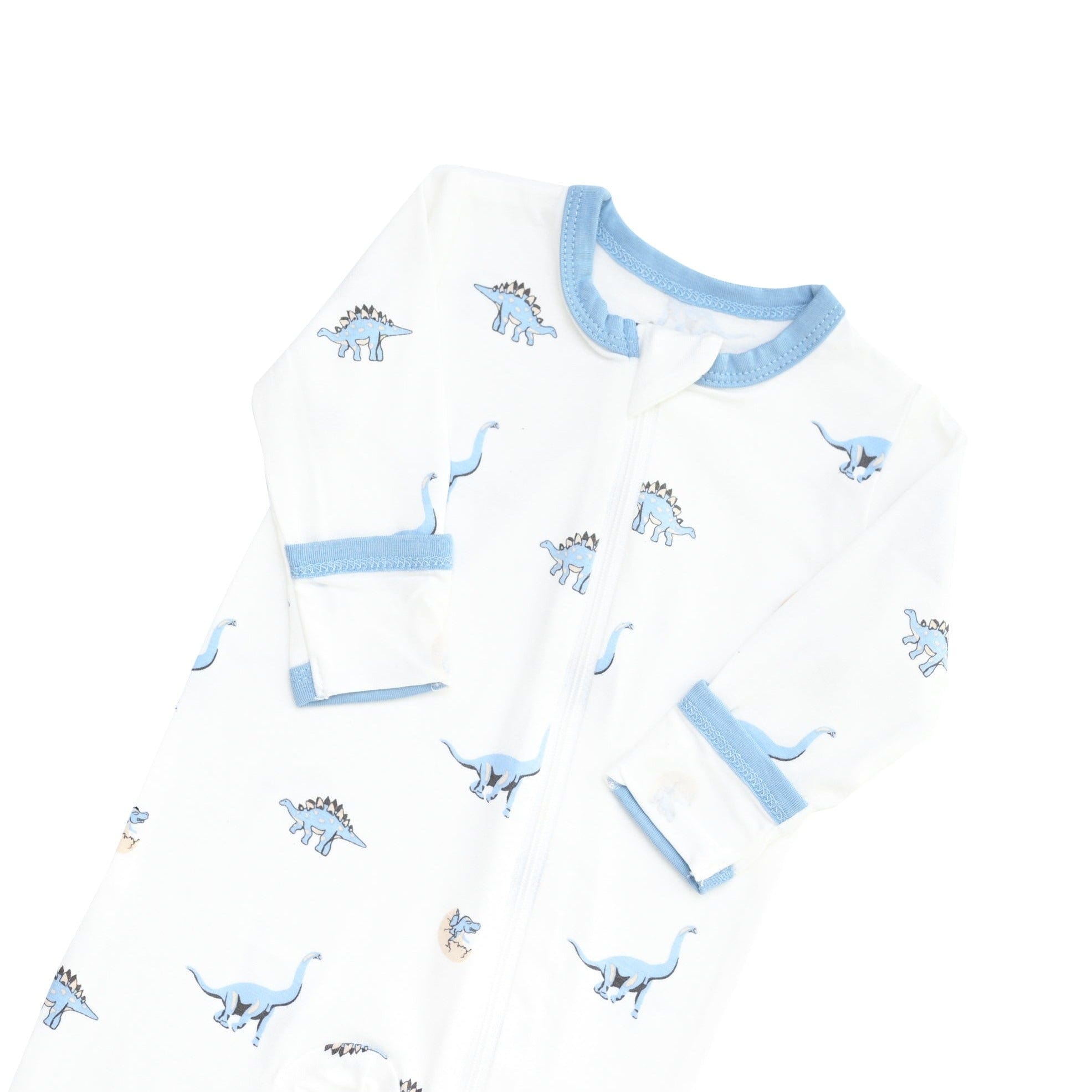 Zipper garage and fold-over cuffs on Kyte Baby bamboo Zippered Romper in Jurassic