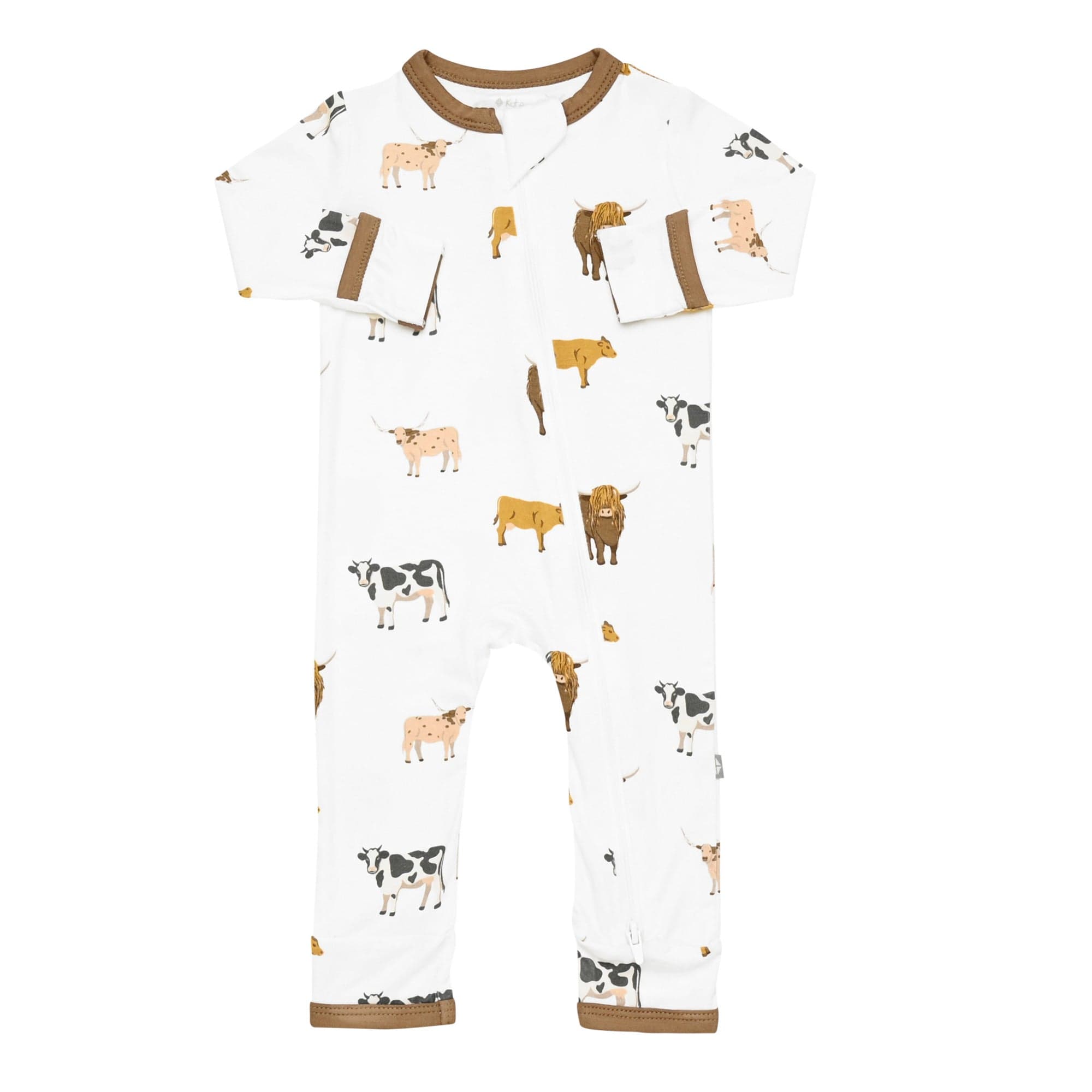 Kyte Baby Zippered Romper in Moo with fold over cuffs and double zipper