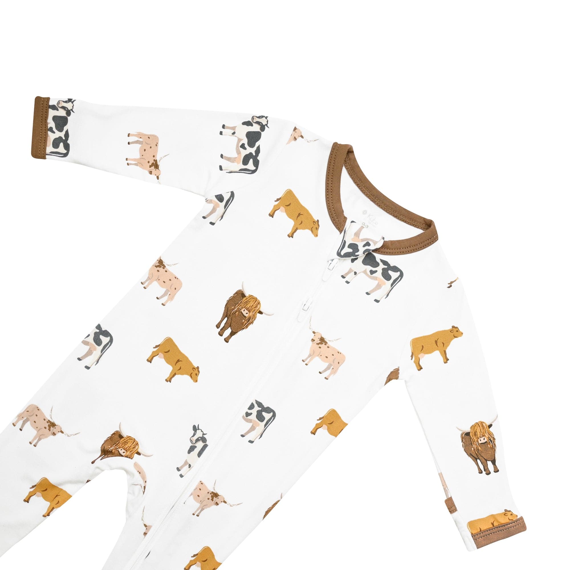 Zipper garage on Kyte Baby bamboo Zippered Romper in Moo