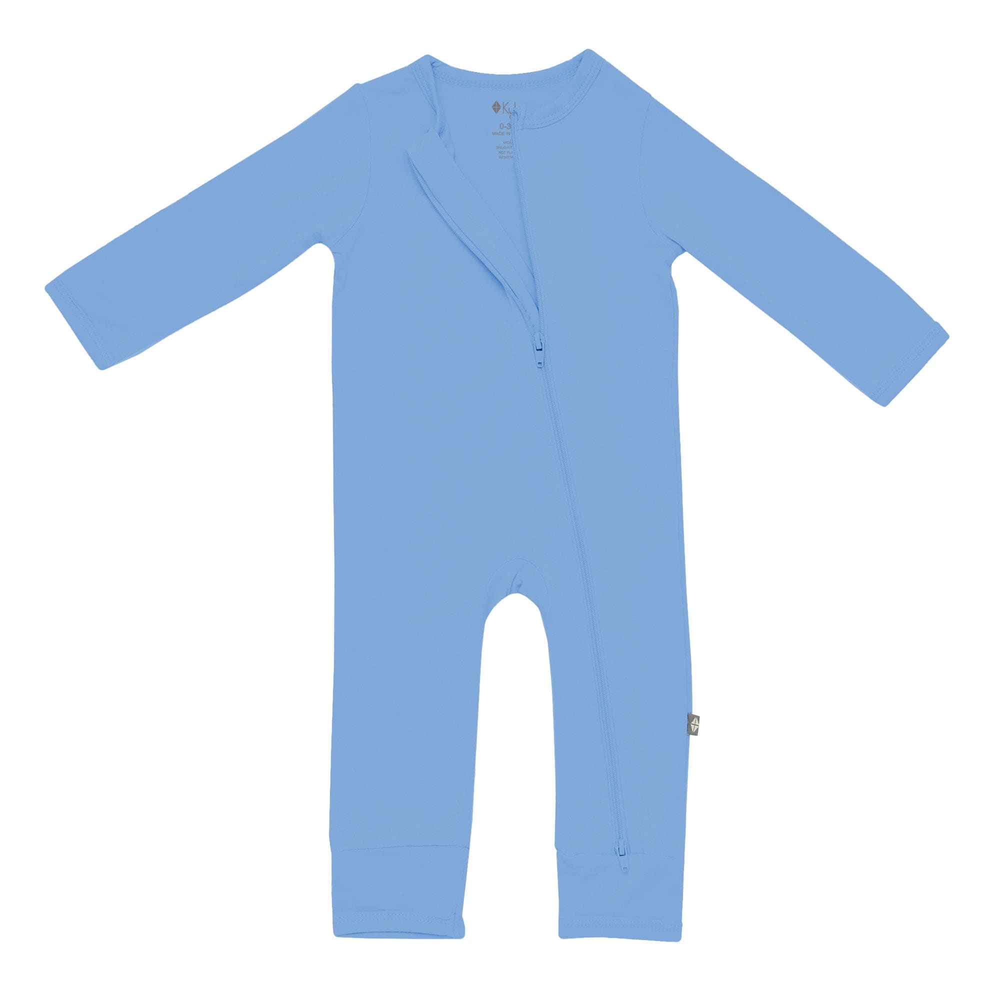 Dual zipper on Kyte Baby Zippered Romper in Periwinkle