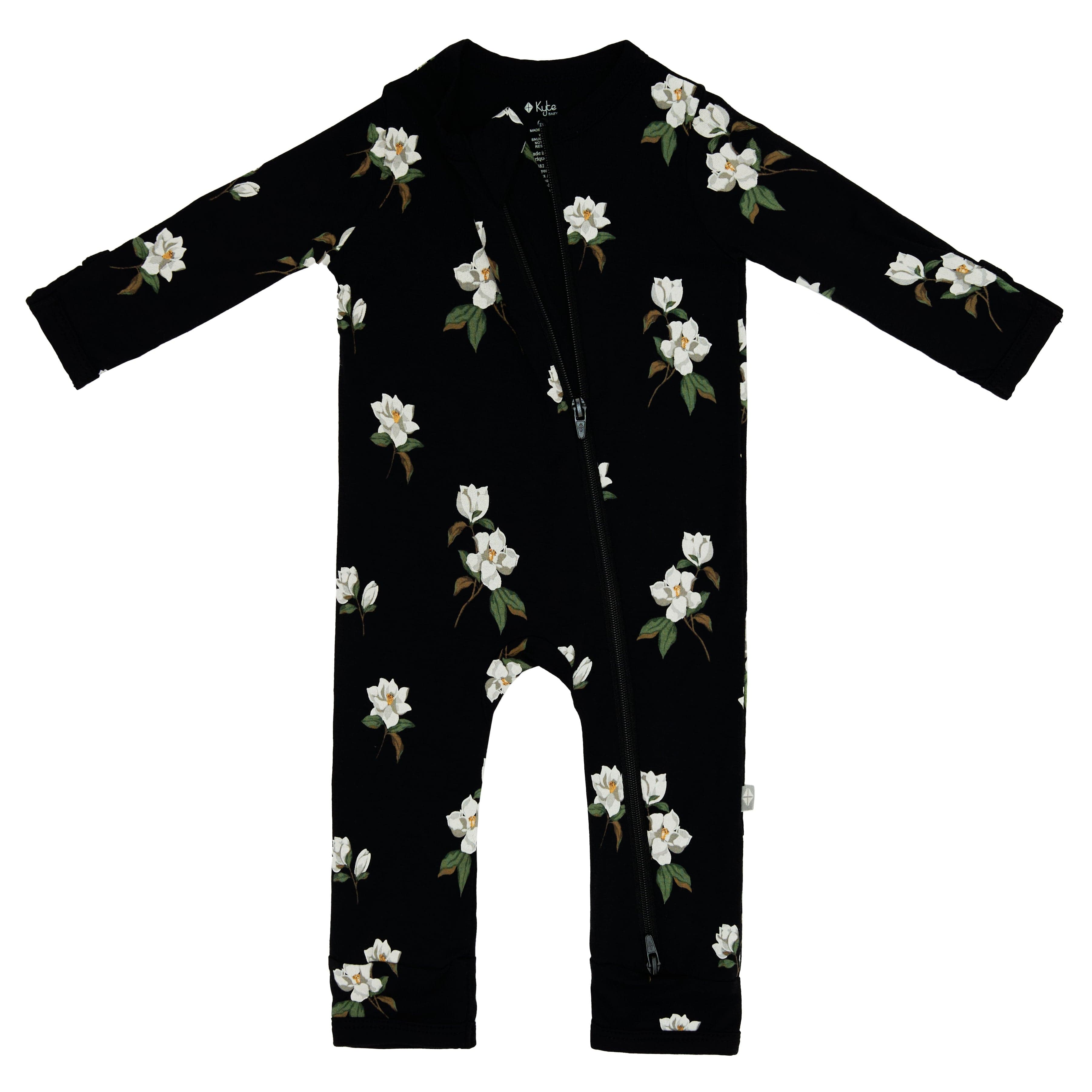 Dual zipper on Kyte Baby Zippered Romper in Small Midnight Magnolia