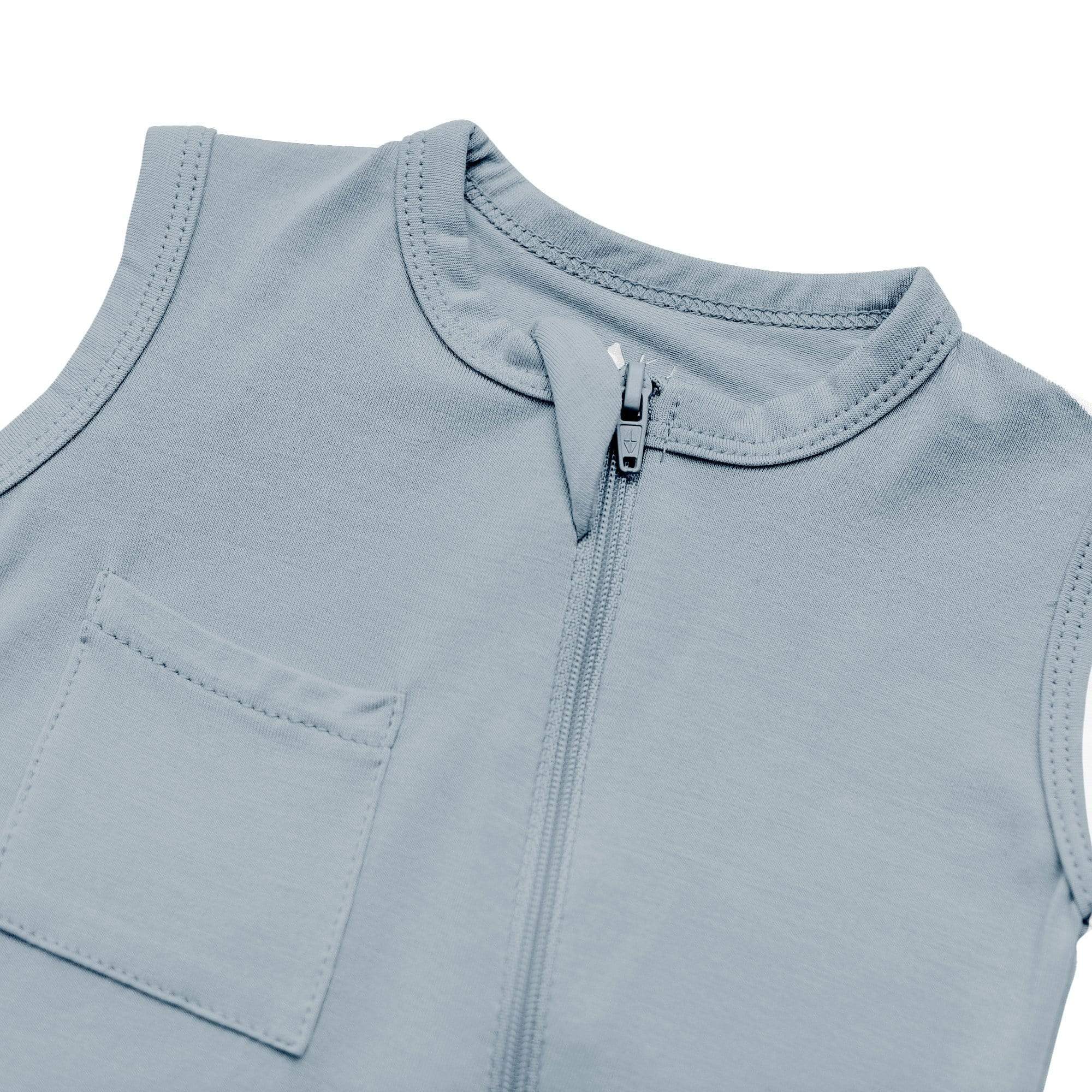 Zipper garage on Kyte Baby bamboo Sleeveless Zippered Romper in Fog