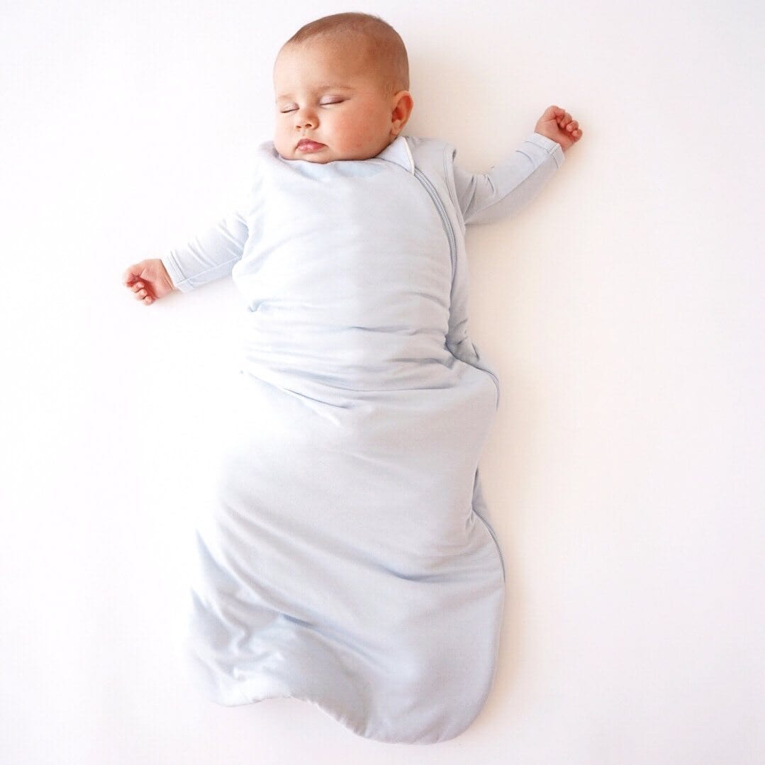 Baby Sleeping in a Bamboo Sleep Bag Pale Blue Ice Color