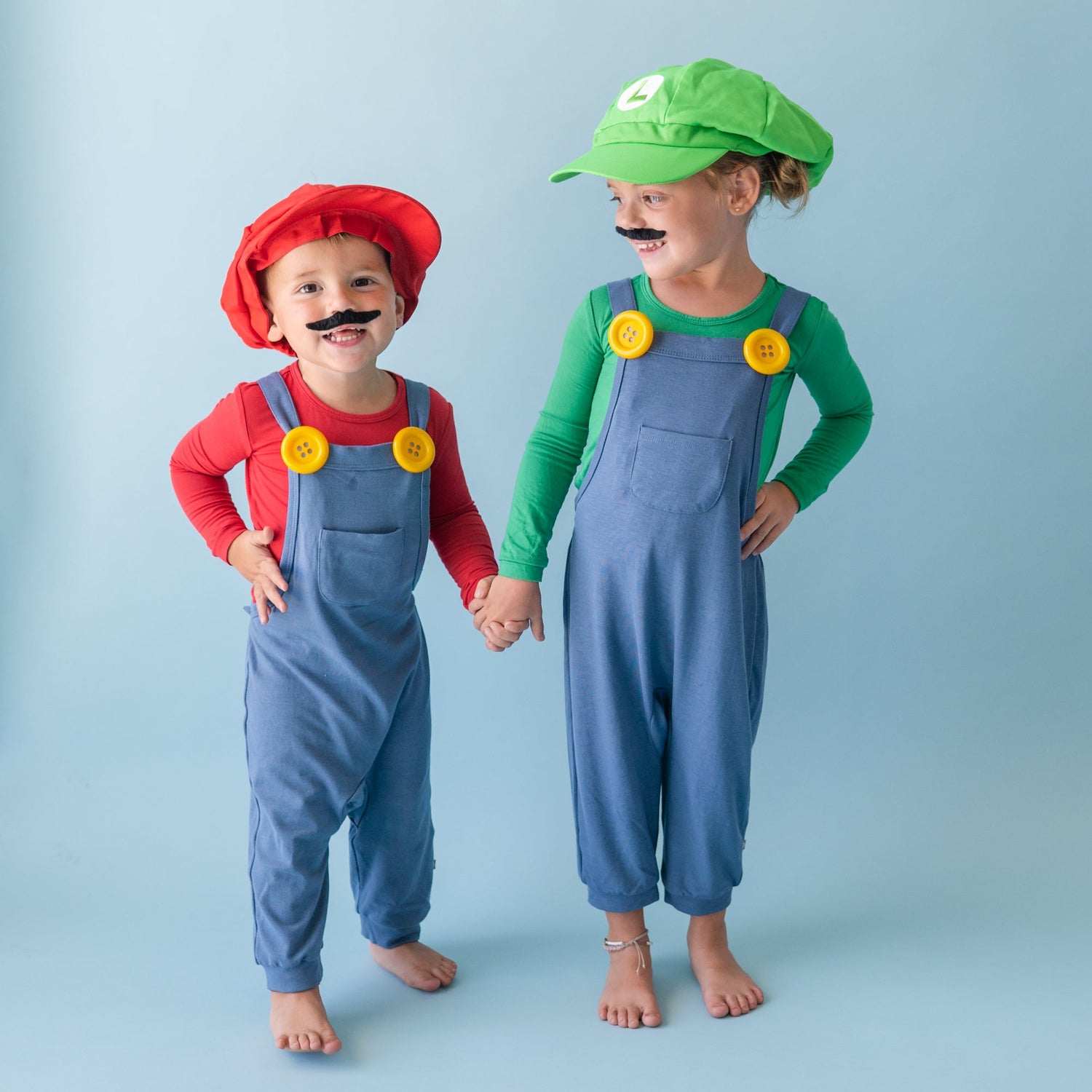 Mario and Luigi DIY Halloween costumes on toddlers