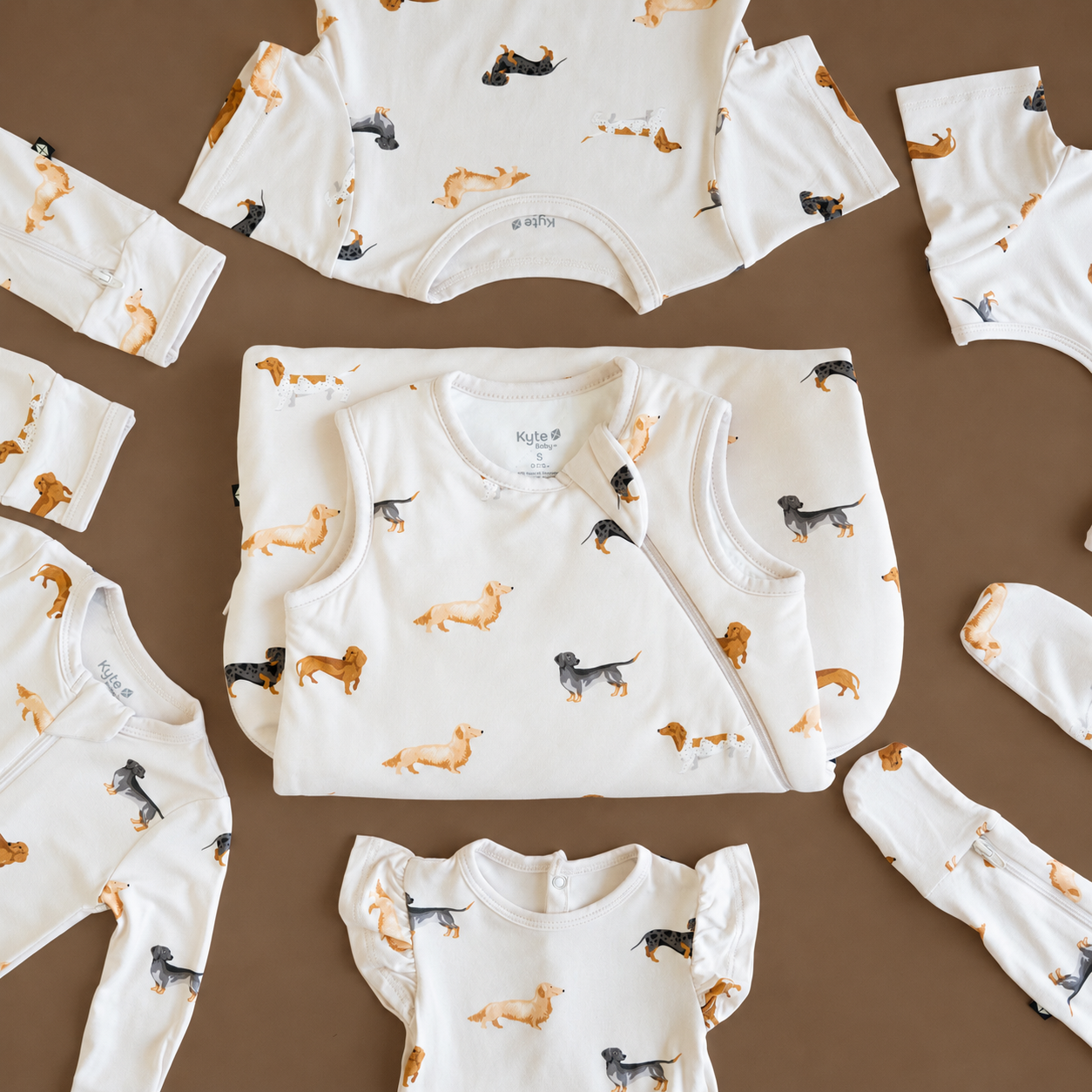 dachshund baby clothes in the sausage-dog print made from rayon from bamboo by Kyte Baby