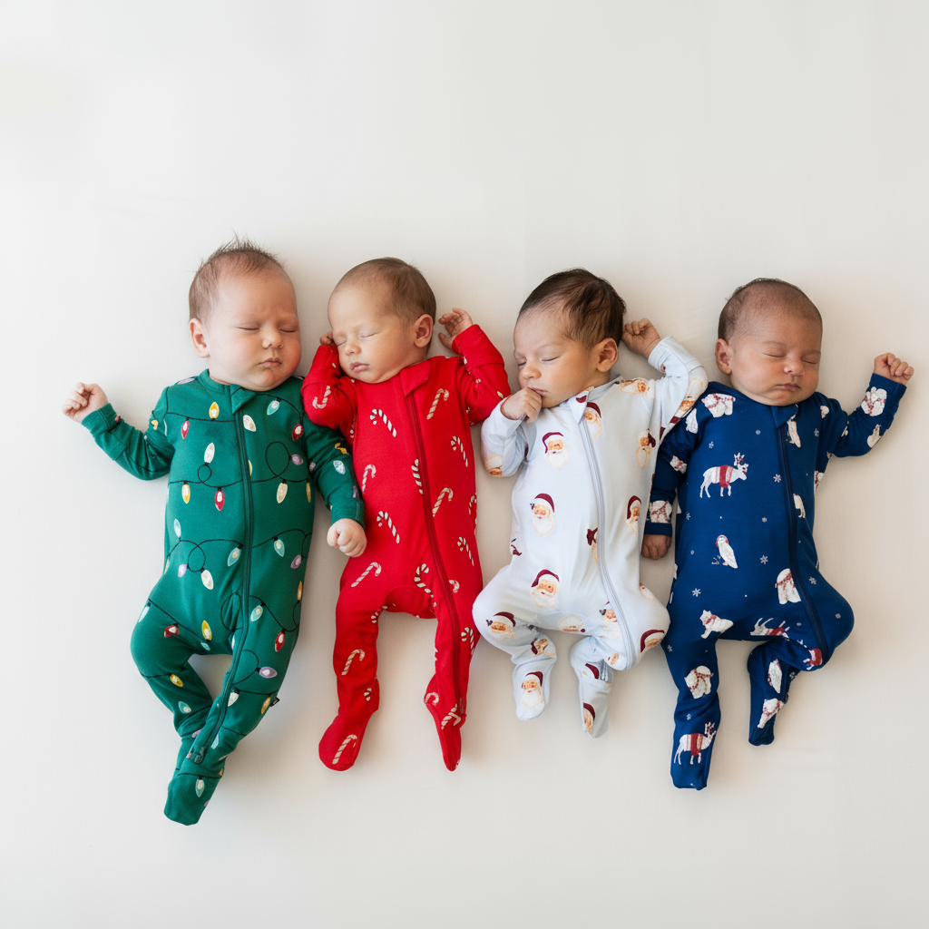 4 sleeping babies in holiday printed footies