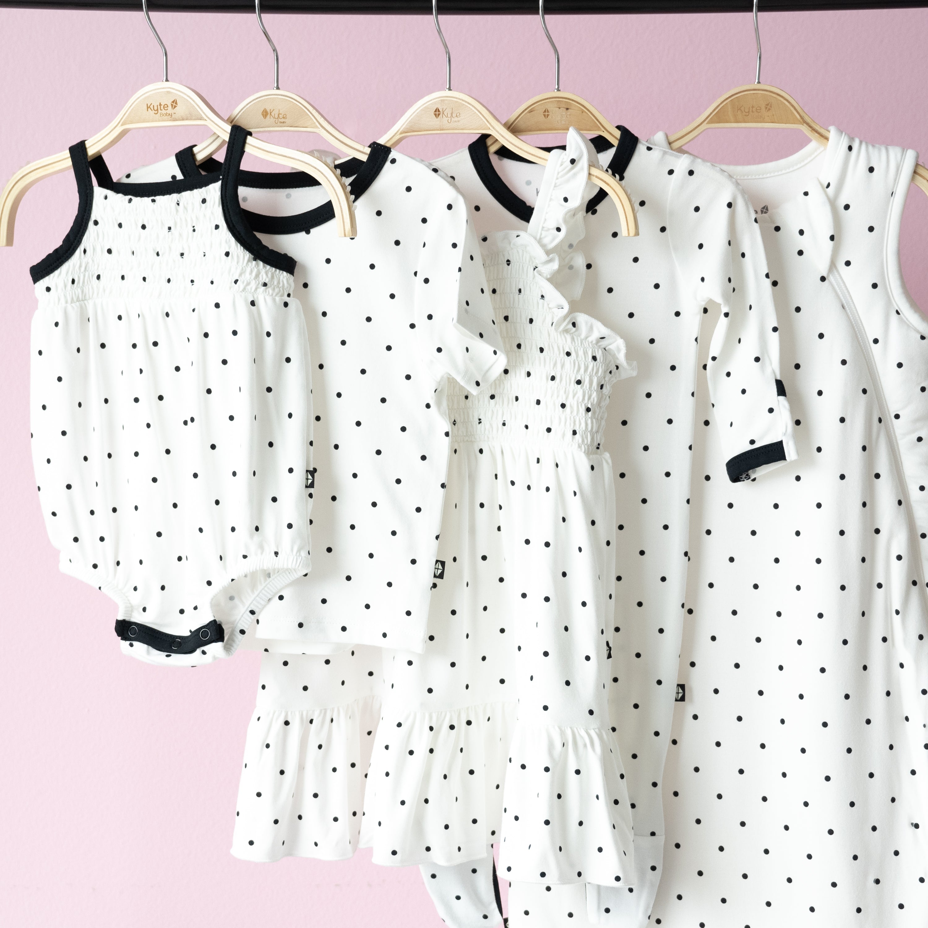 polka dot pajamas and matching bedding from the midnight polka dot kyte baby collection
