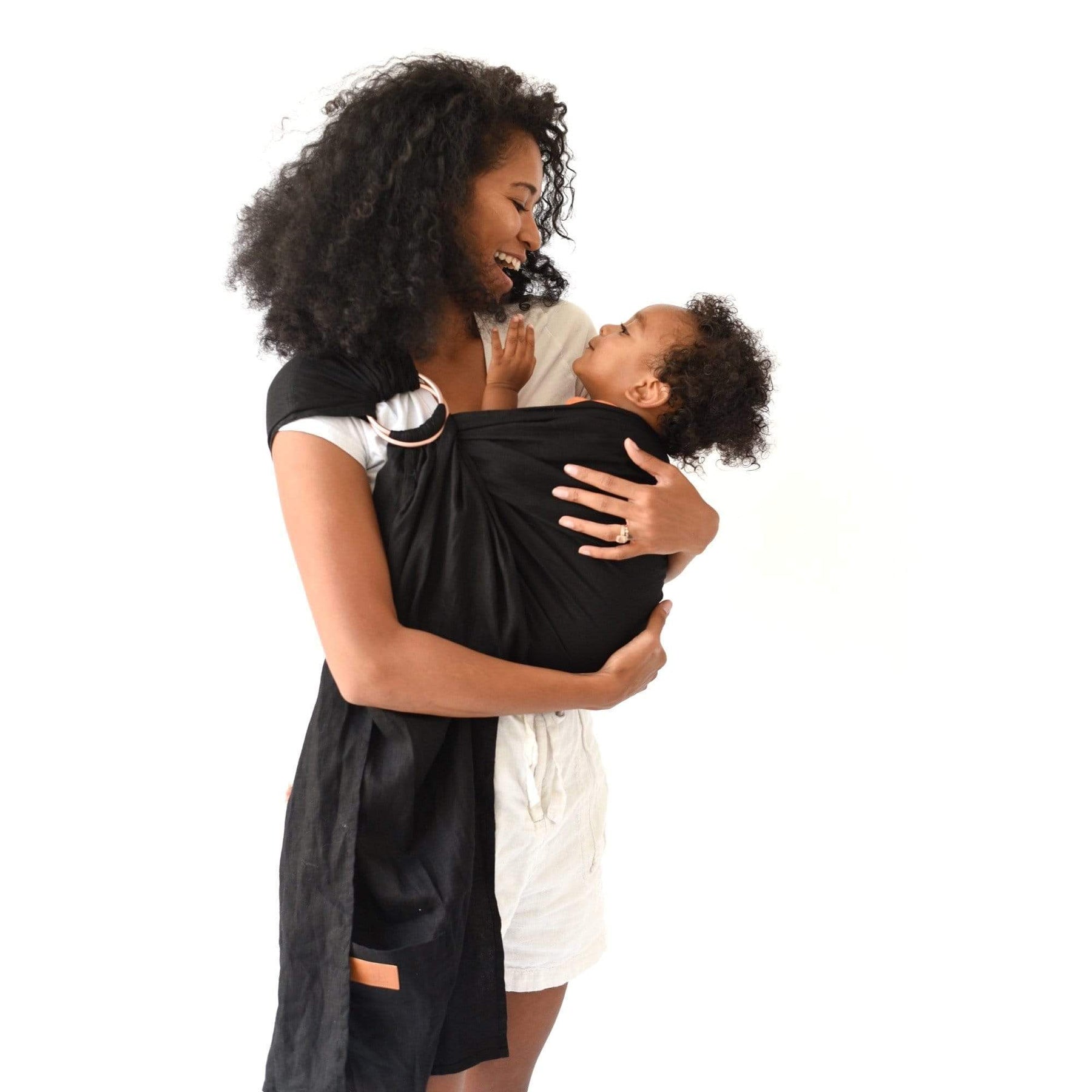 Women Modeling Bamboo Ring Sling with Baby