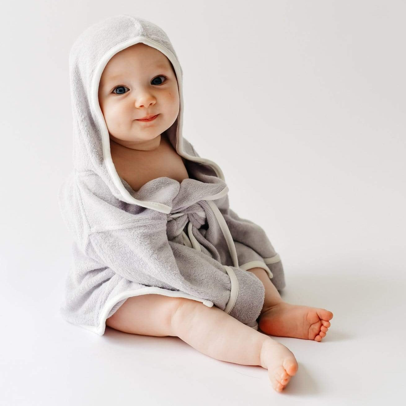 Toddler in toddler bath robe in the color storm