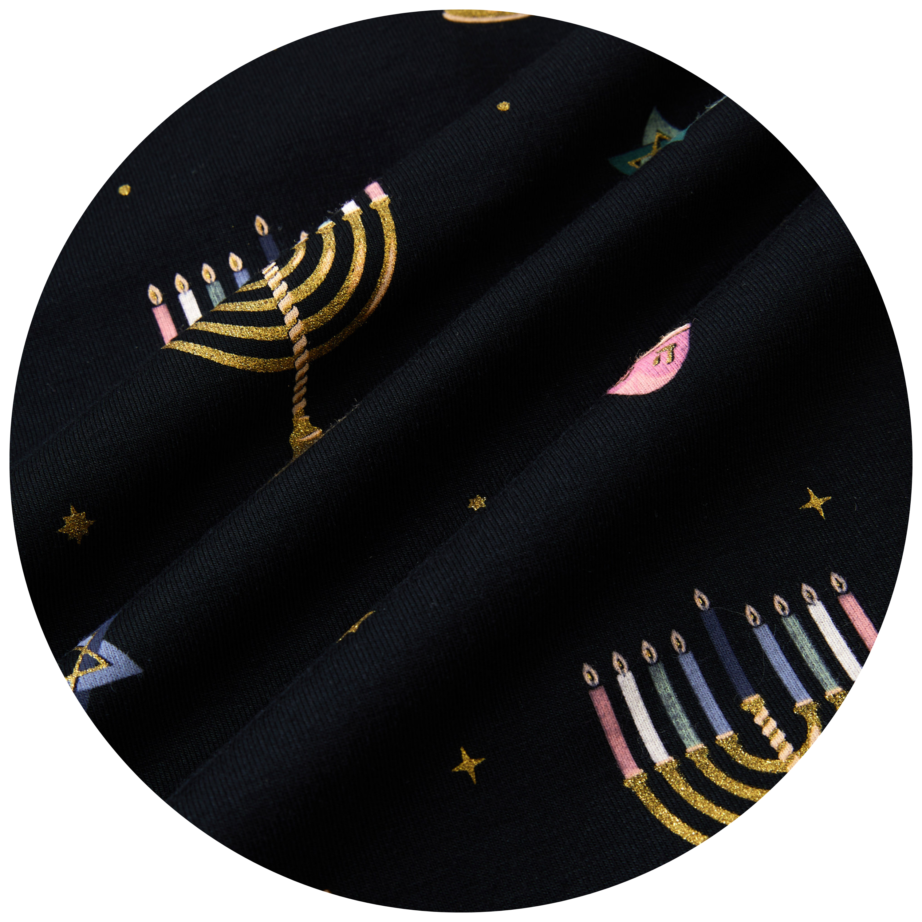 swatch of black fabric with Hanukkah elements 