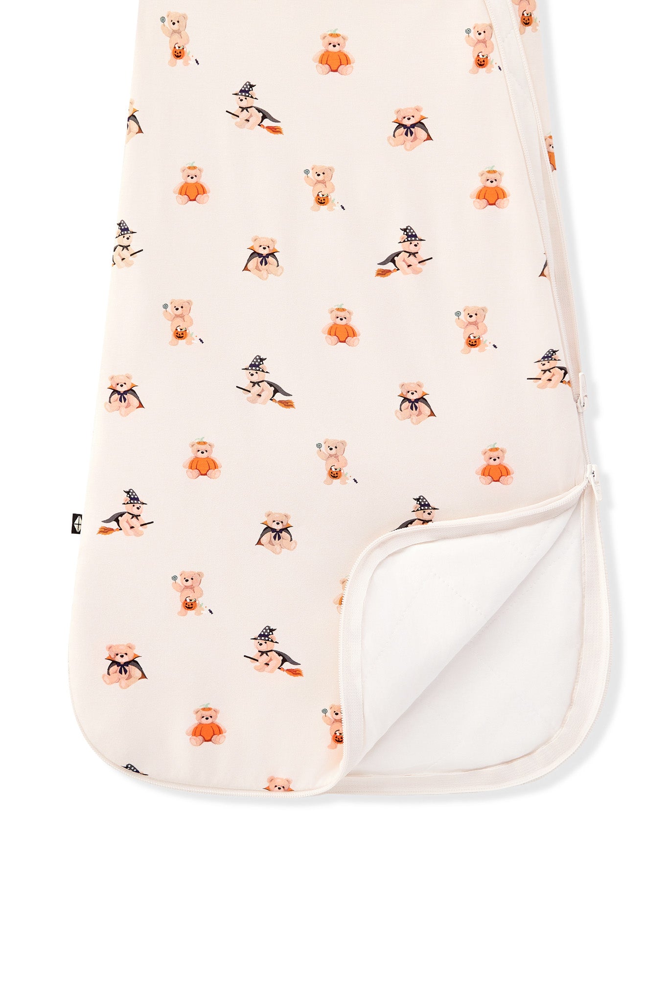 Beige Sleep Bag in Halloween Teddy 1.0 print with double zipper on a white background