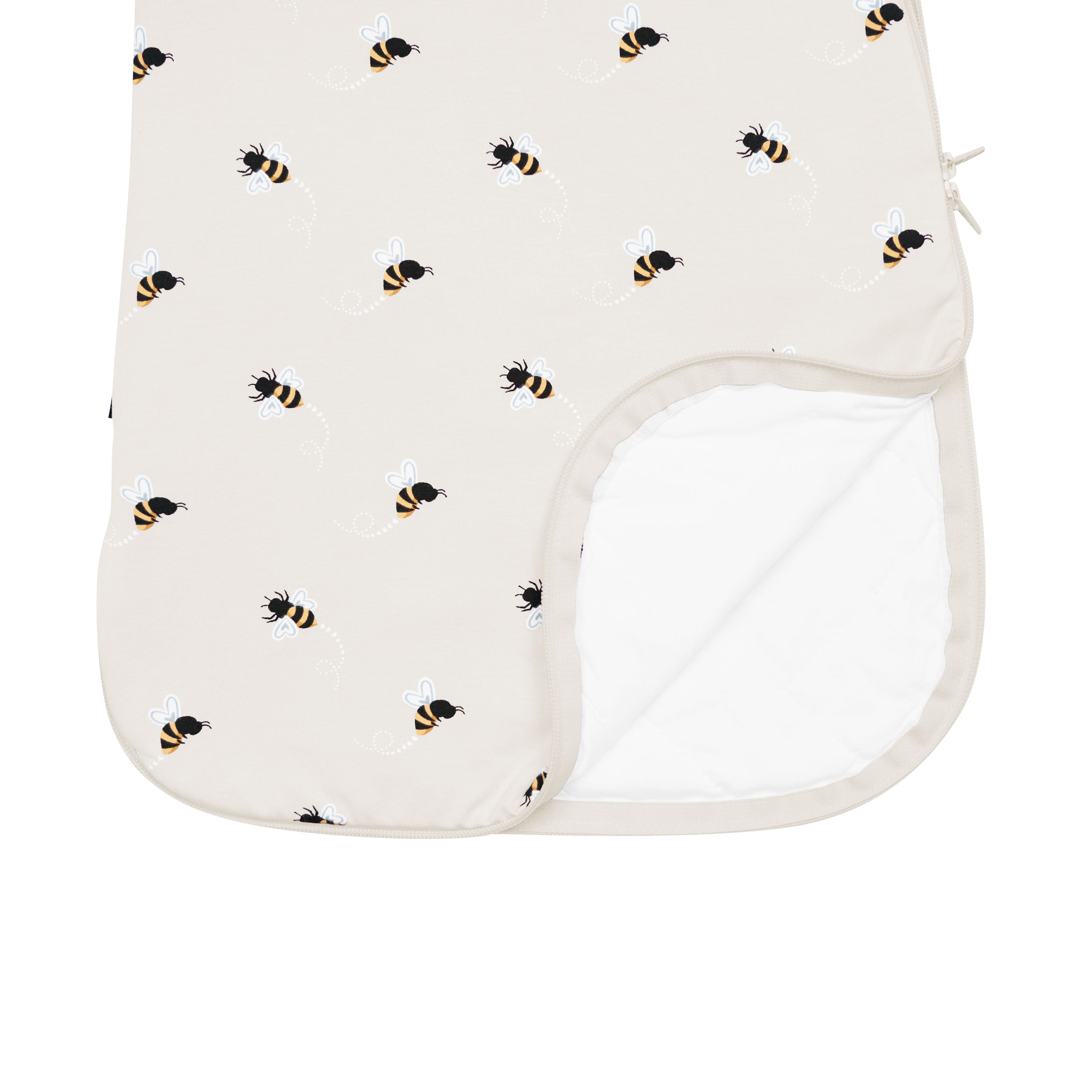 Product photo of Bee Mine sleep bag showing the bottom unzipped