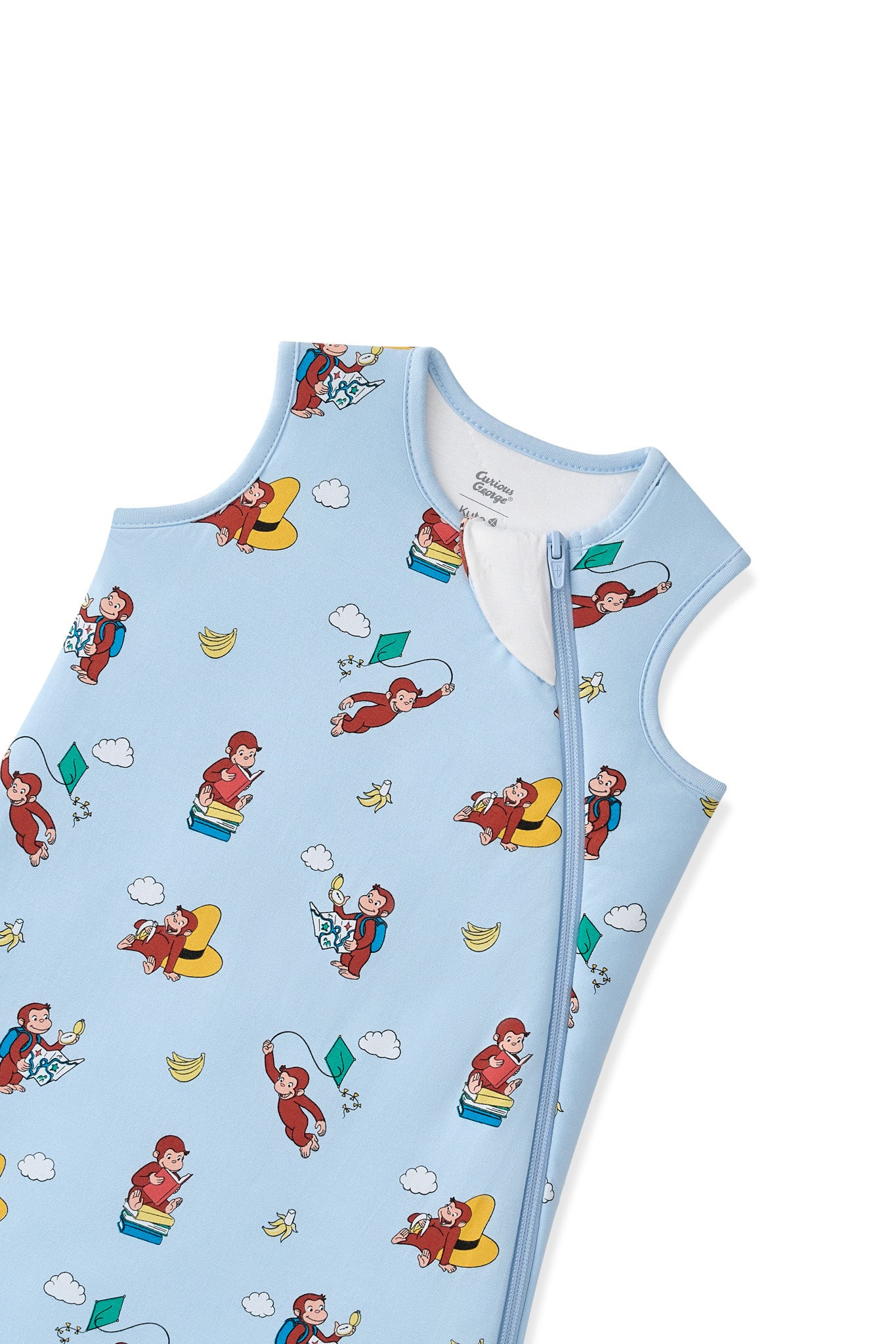 Blue Sleep Bag in Curious George 1.0 print with zipper garage on a white background