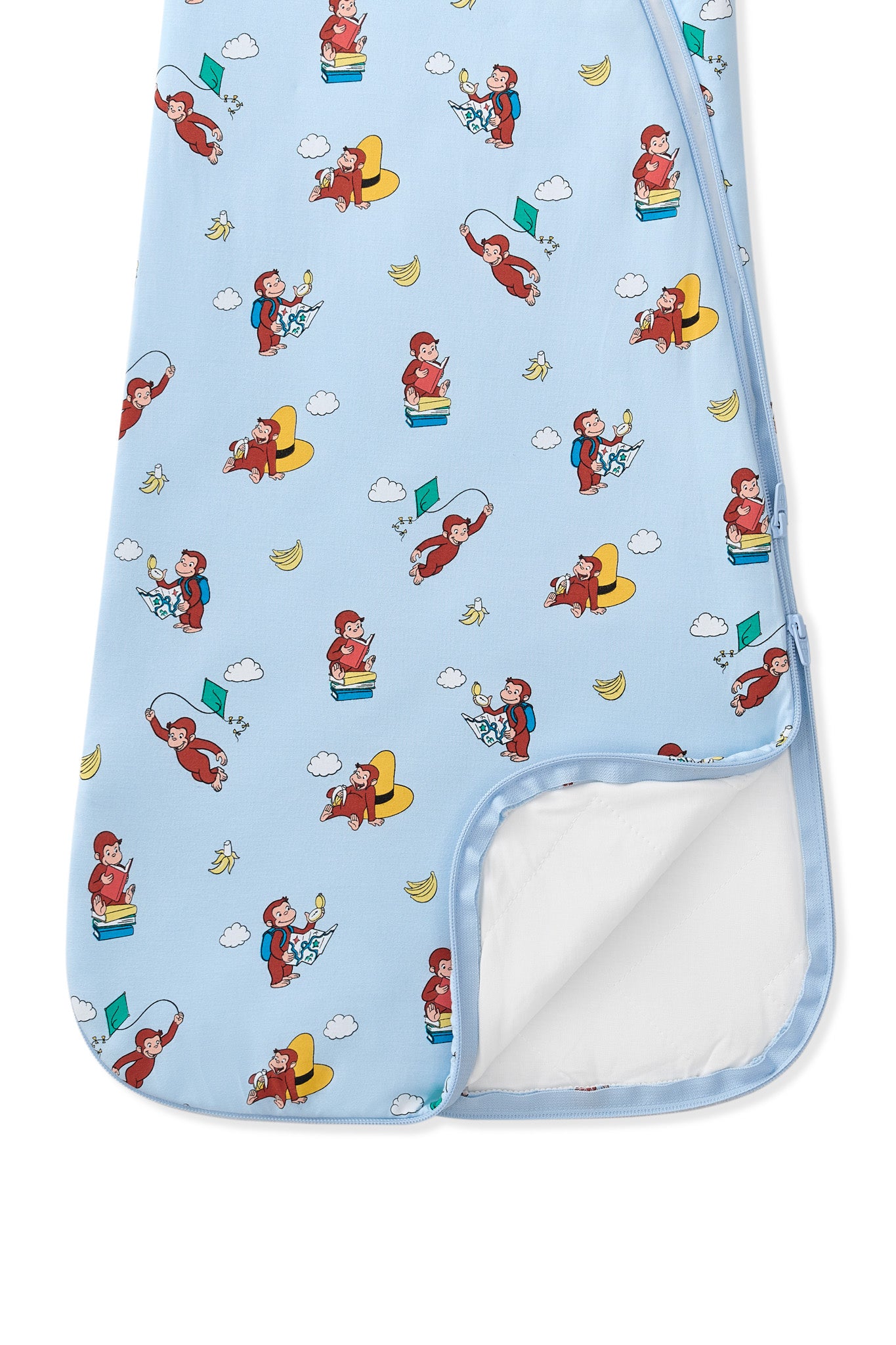 Blue Sleep Bag in Curious George 1.0 print with dual zipper on a white background
