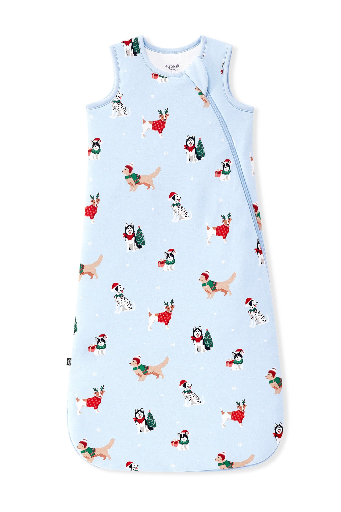 Blue Sleep Bag with Holiday Pups 1.0 print on a white background