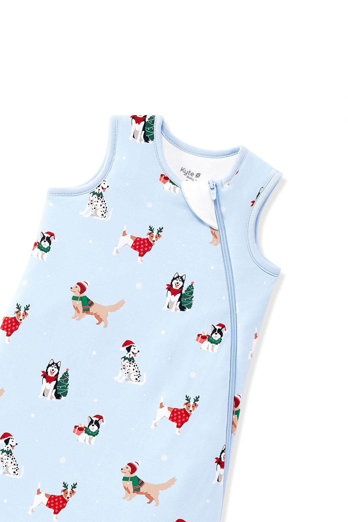 Blue Sleep Bag with Holiday Pups 1.0 print with zipper garage on a white background